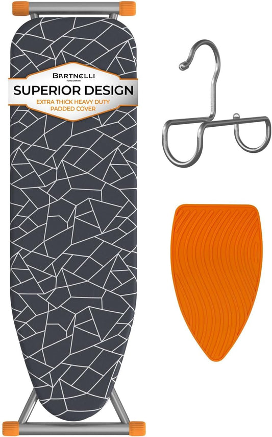 Bartnelli Compact Ironing Board, 13x43 Space-Saving Steel Foldable Iron Board, 4 Layer Cotton Cover, Adjustable Height, Bonus Hanger and Silicone Iron Pad
