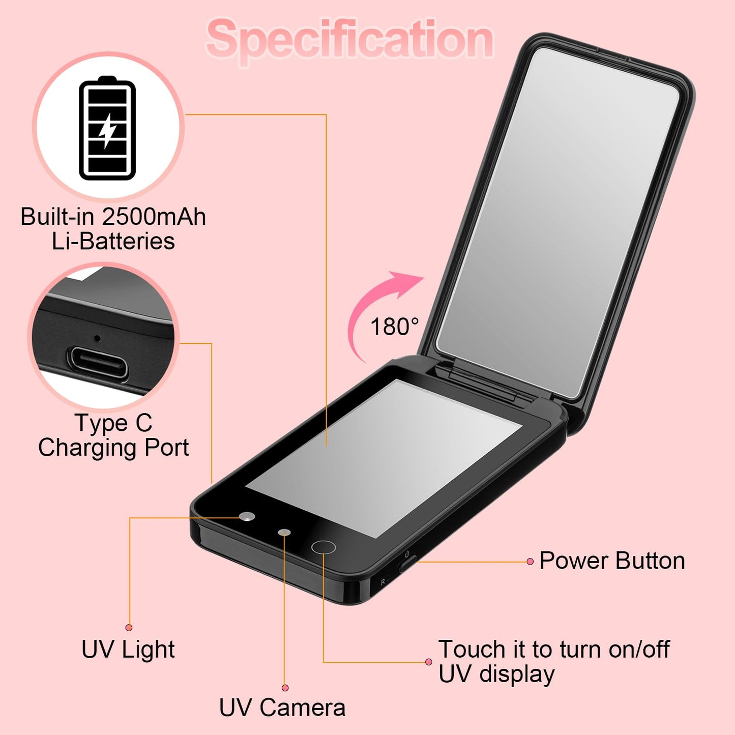 UV Camera for Sunscreen Test UV Mirror Sunscreen Camera, 4 Inch Vanity Mirror Rechargeable Compact Travel Makeup Mirror Handheld Double-Sided Pocket Mirror for Skin Protection(Dark Black)