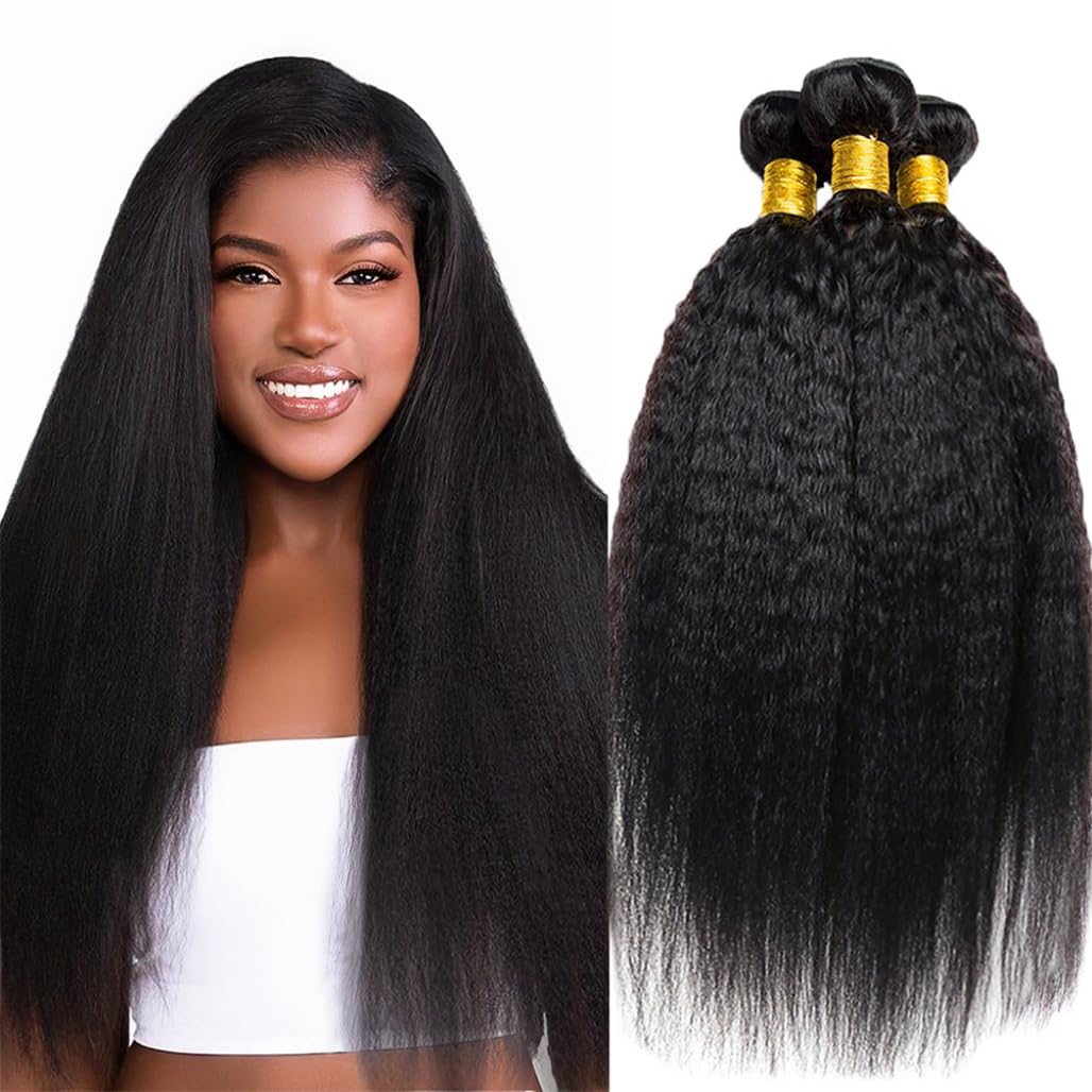Kinky Straight Bundles Human Hair 20 22 24 Inch 3 Bundles 100% Unprocessed Brazilian Virgin Remy Hair Yaki Straight Bundles Human Hair Extensions Natural Color Human Hair Bundles for Black Women