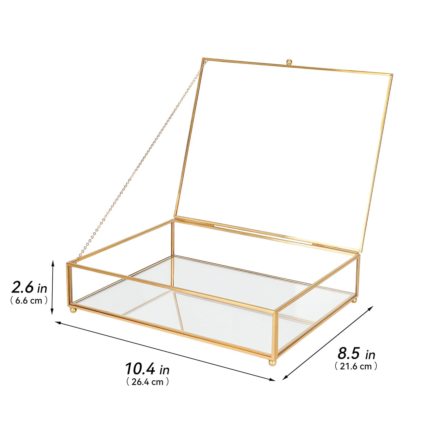 REDHUGO Large Glass Boxes for Display Handmade, Mirrored Bottom, Glass Jewelry Trinket Box with Lid, for Book, Photo, Keepsake Organizer, Display Case for Vanity Decor Home Dresser, Gold