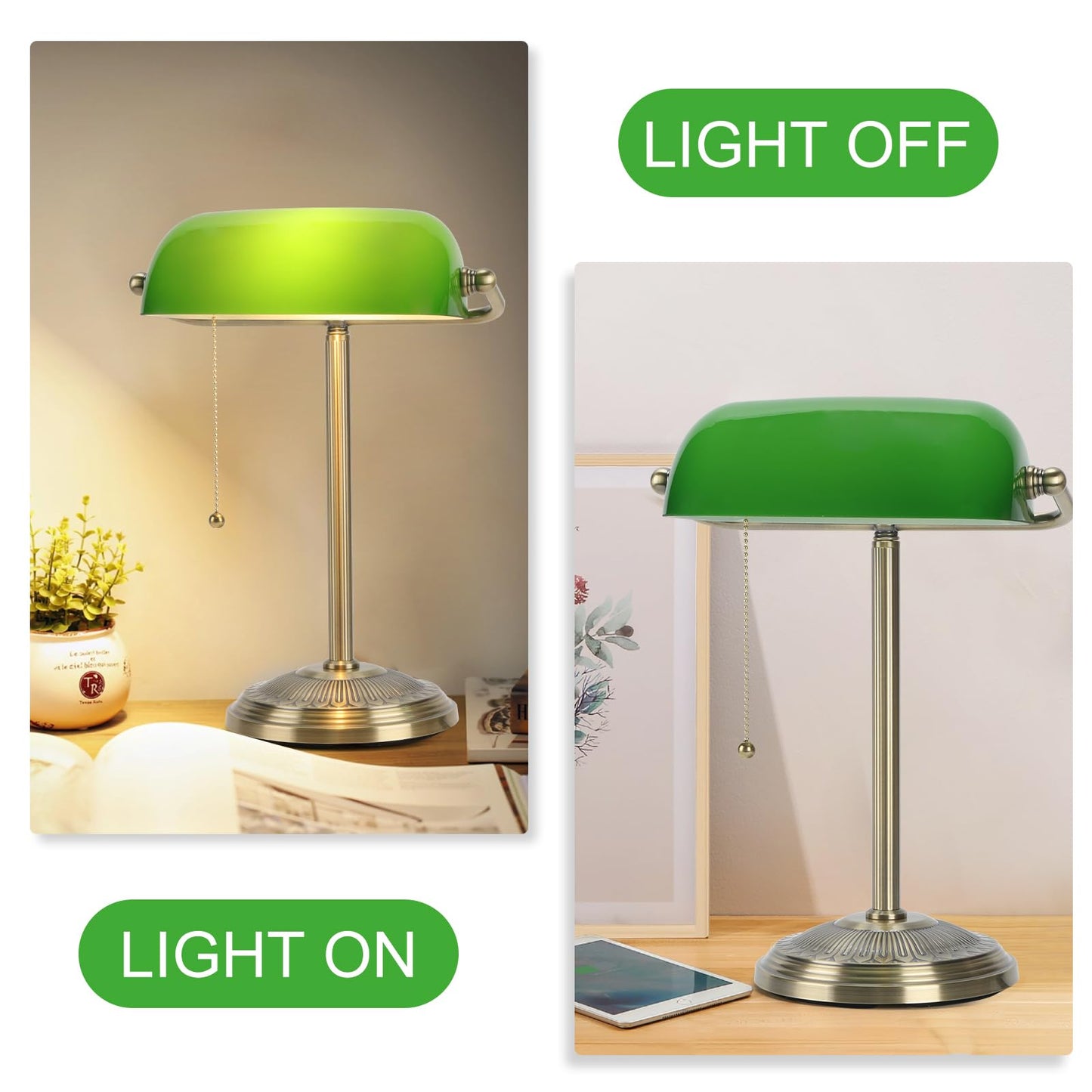 BNYFDC Bankers Lamp, Green Desk Lamp with Brass Finish, Classic Table Lamp with Pull Switch for Home, Office, Study (Green)