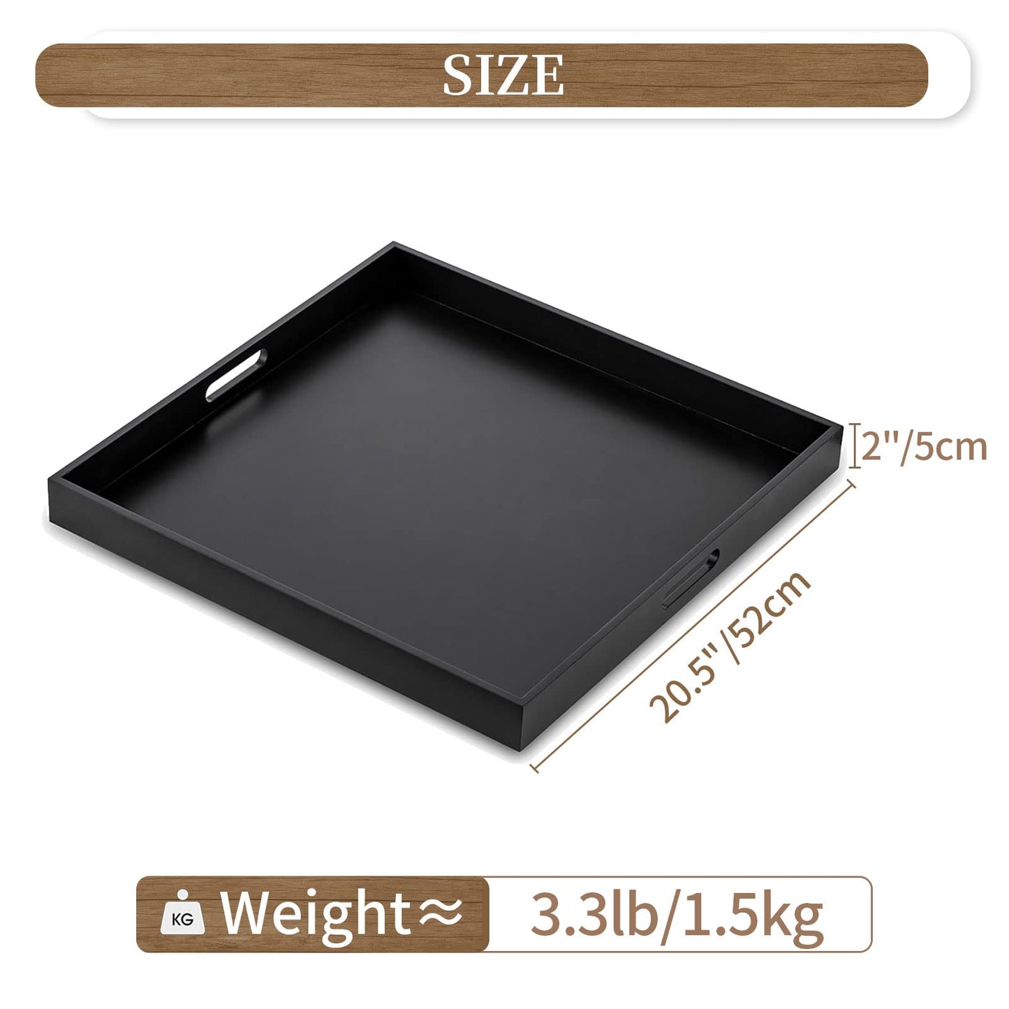 Hanobe Ottoman Tray for Living Room: Modern Extra Large Black Serving Decorative Trays with Cutout Handles for Coffee Table Home Decor, 20"