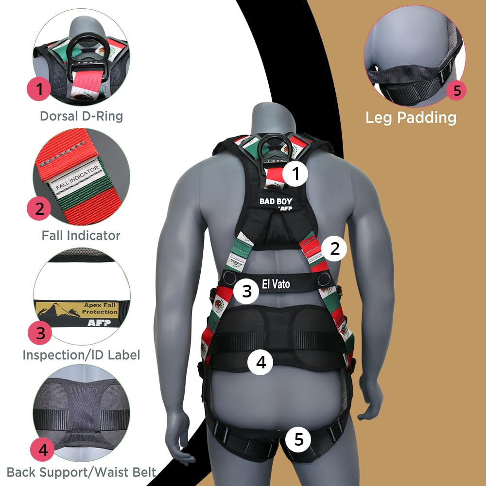 AFP Fall Protection Full-Body Premium Mexican Flag Safety Harness, Vented & Padded Shoulder, Legs & Back, 8” Thick Back Support Belt, Aluminum D-Rings, Tongue Buckle, Quick Release (OSHA/ANSI PPE)