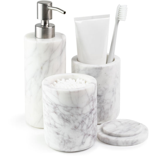 Cork & Mill Marble Bathroom Accessories Set, Solid Natural Marble, Complete Vanity Set with Soap Dispenser, Toothbrush Holder & Canister with Lid for Qtips, White Bathroom Countertop Decor