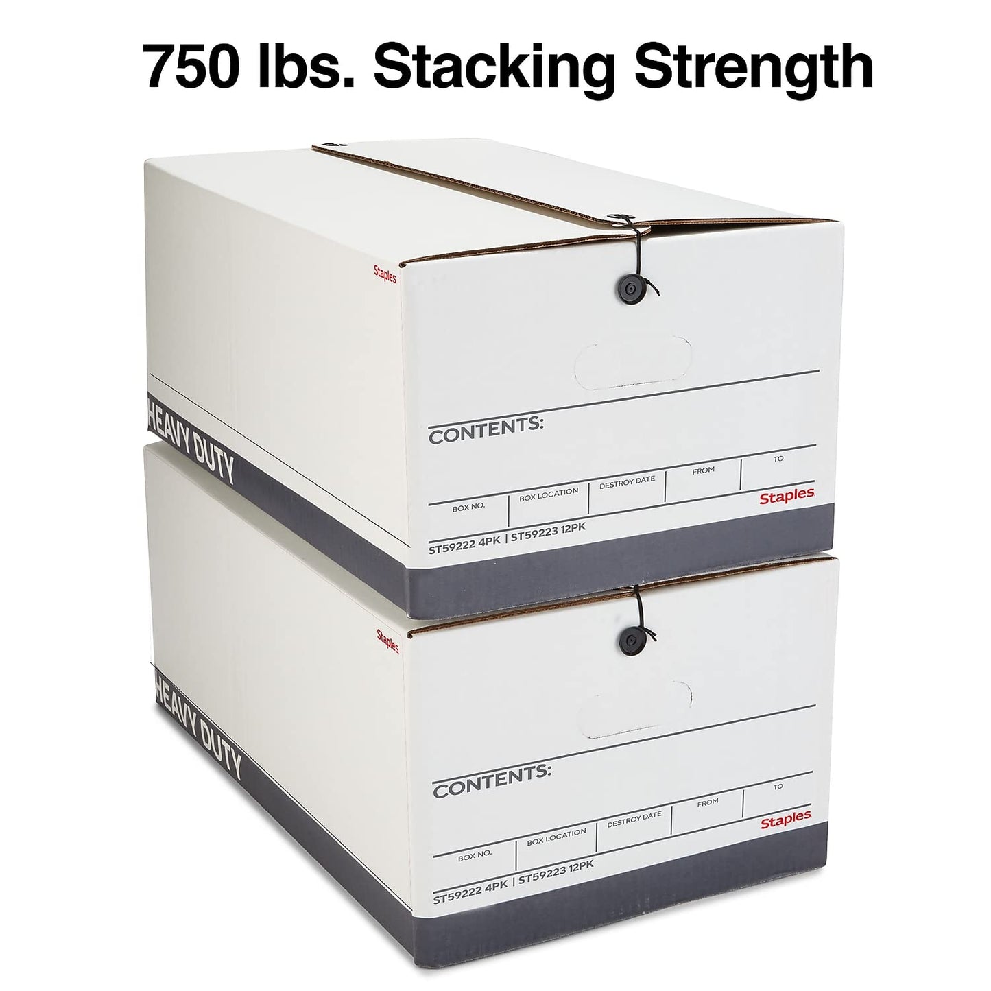 STAPLES Storage & Filing Box, Heavy-Duty with Handles & String-Button Lid, Letter Size Documents, Stackable, 4-Pack, White/Gray