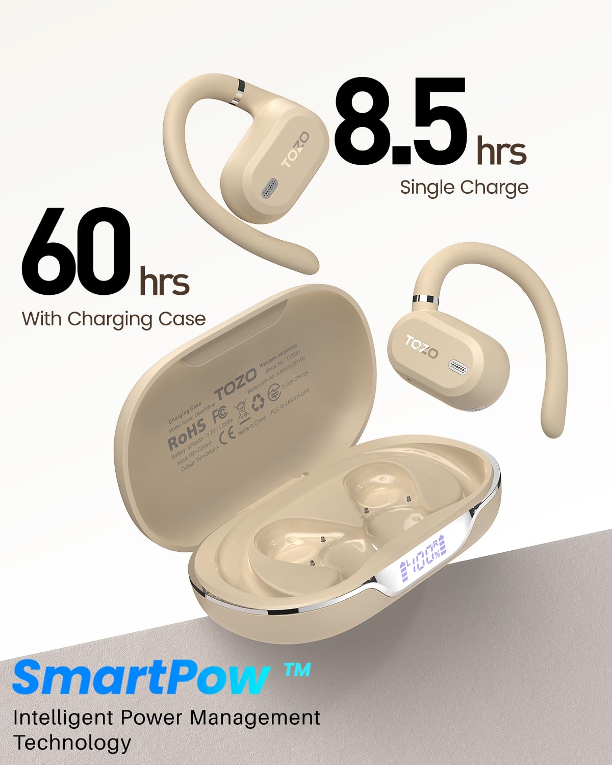 TOZO OpenWear Open Ear Earbuds, AI Translation Earbuds Real Time 145+ Languages, 60H Translator Ear Buds Audifonos Traductores Inglés Español, Bluetooth Headphones 5.4 with Smart Display for Office