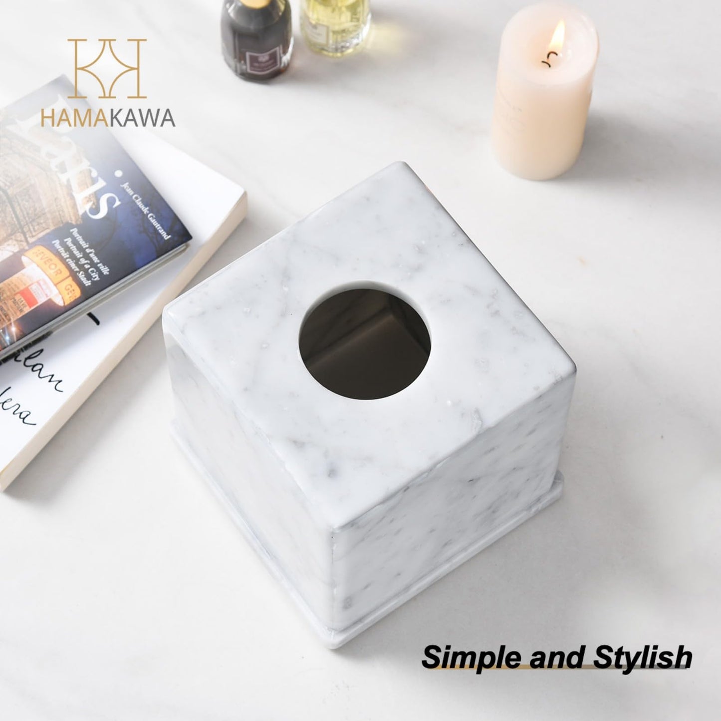HAMAKAWA Natural Marble Tissue Box Cover, Carrara White Tissue Organizer 6 X 6 X 5.7 Inch, Heavy Stone Decorative Box, Square Tissue Box Holder for Home Decor, Kitchen, Bathroom