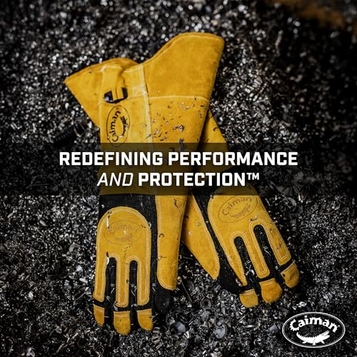 Caiman Premium Split Deerskin MIG/Stick Welding Gloves with Fleece/Foam Insulation, 21-inch length, Split Cowhide Leather Heat Shield Patch, Sock Lined Foam, Kevlar, Black/Gold, X-Large (1878-5)