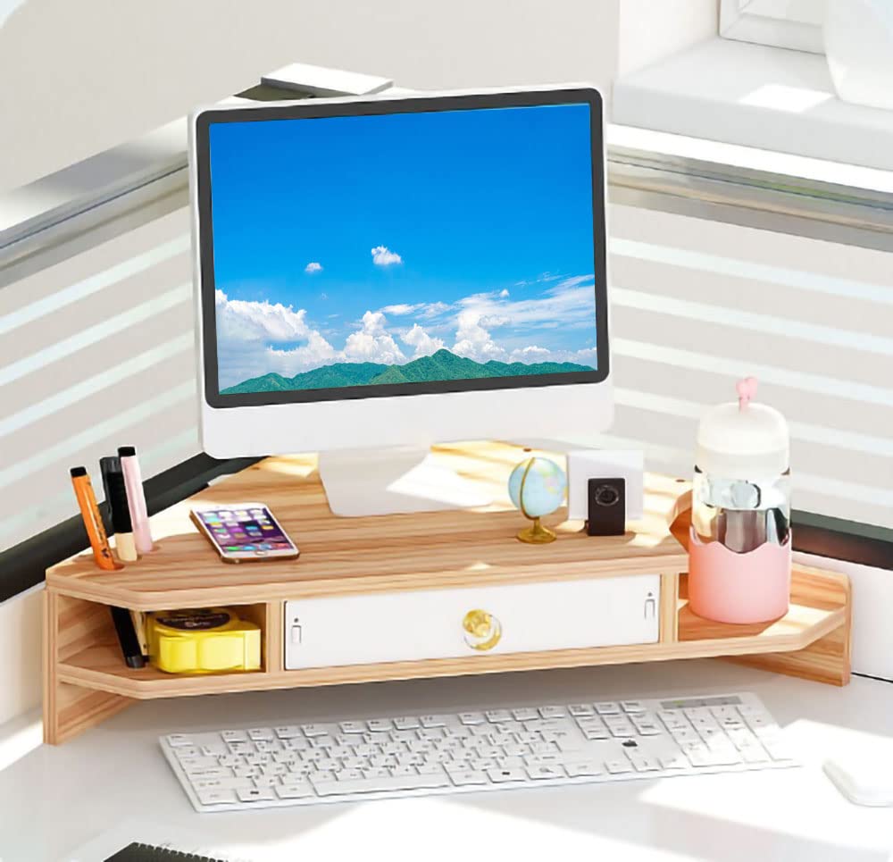 KUAIYU Triangle Monitor Stand Riser,Cut Triangle Save Space Desktop Corner,Desktop corner shelf with drawers wooden computer stand with storage laptop risers office organization. (Have drawers)