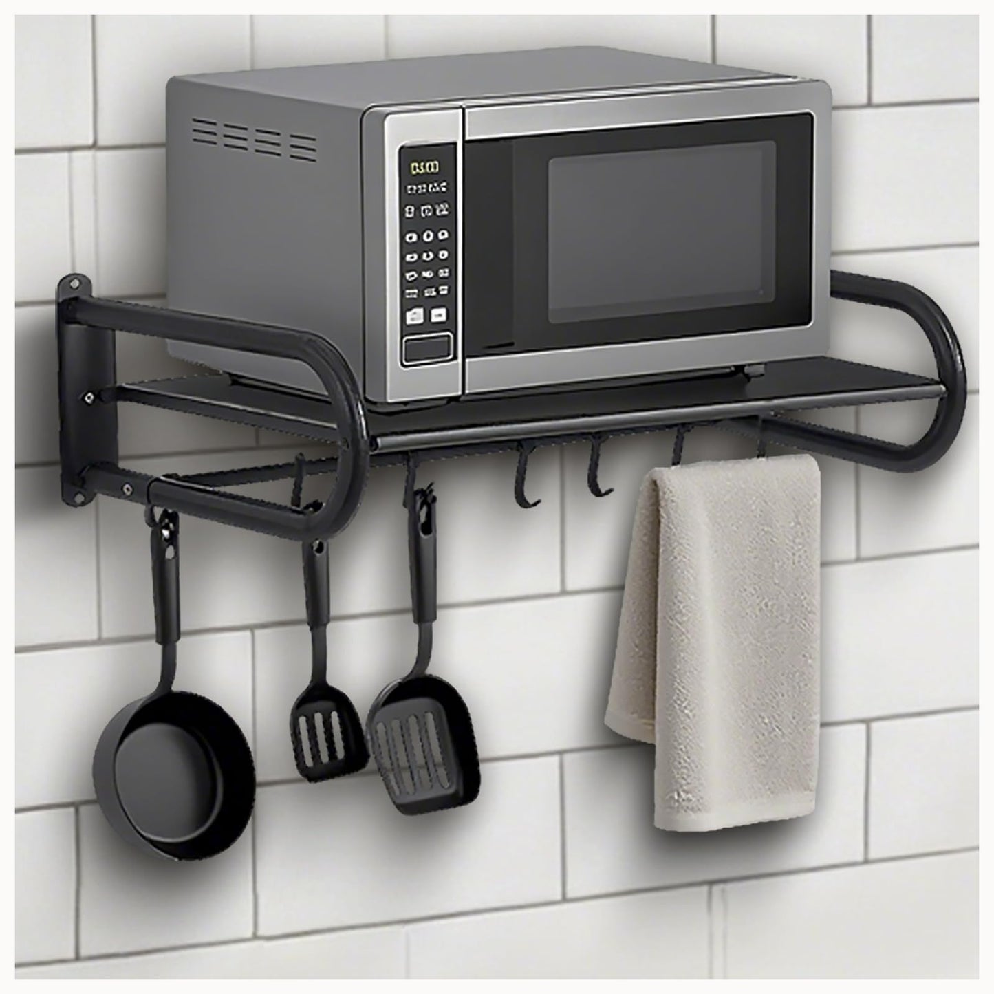FunFlare Microwave Shelf Wall Mount,Microwave Wall Shelf with 5 Hooks and 2 Guardrails Wall-Mounted, For Small Microwave to Load Capacity 30kg for Home Kitchen Laundry and Living Room