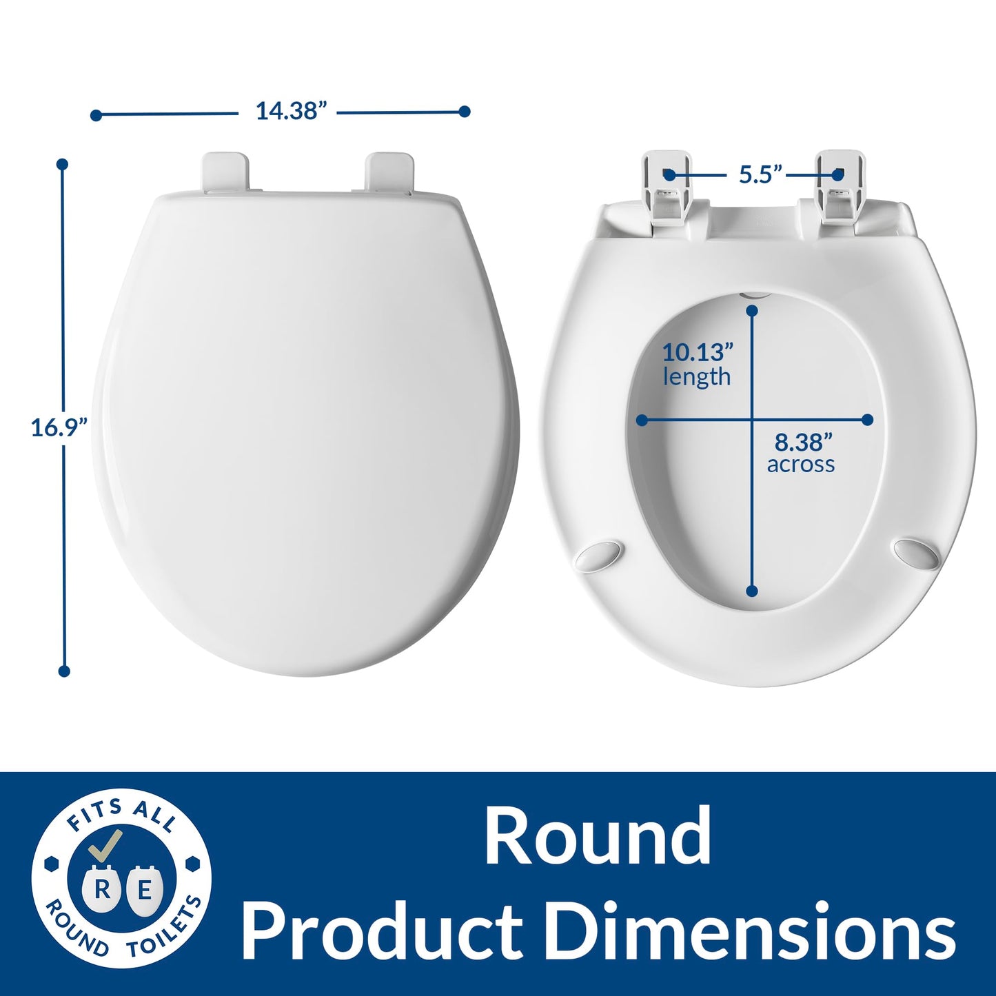Mayfair Collins Slow Close Toilet Seat, Durable Plastic Seat with Extra Stability Bumpers and Secure Hinges, Made in USA, Round, White