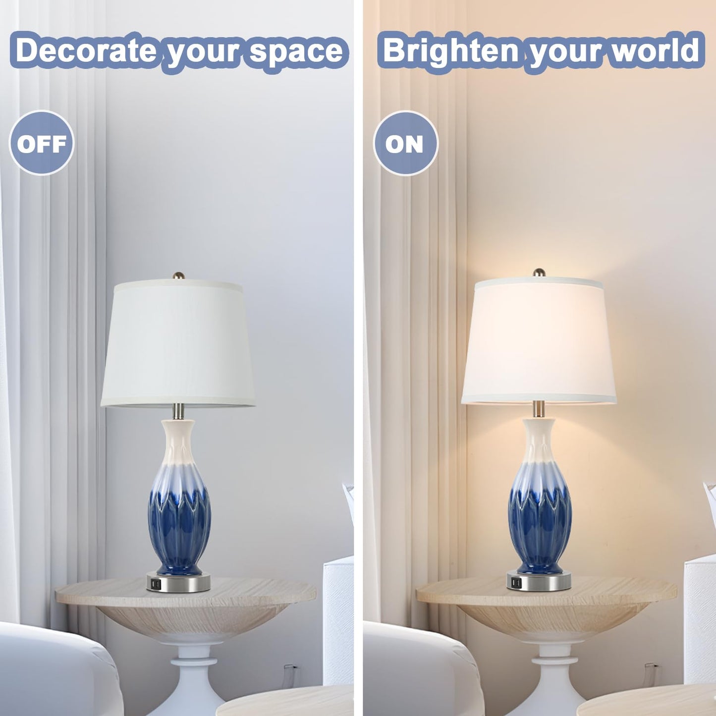 28” Tall Table Lamps Set of 2, Ceramic Navy Blue Bedside Lamps with USB Ports, Coastal Lamp with White Fabric Shade, Large Bedroom Table Lamps for End Table Living Room Nightstand