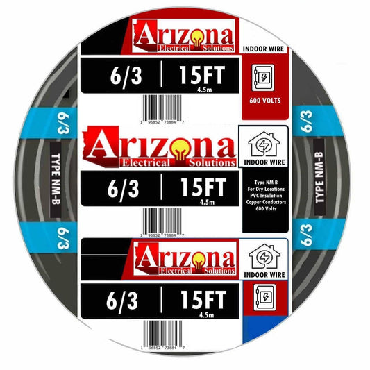 15 FEET 6/3 Type NM-B Copper. #6 AWG, 3 Conductor with Ground. Insulated Jacket Black