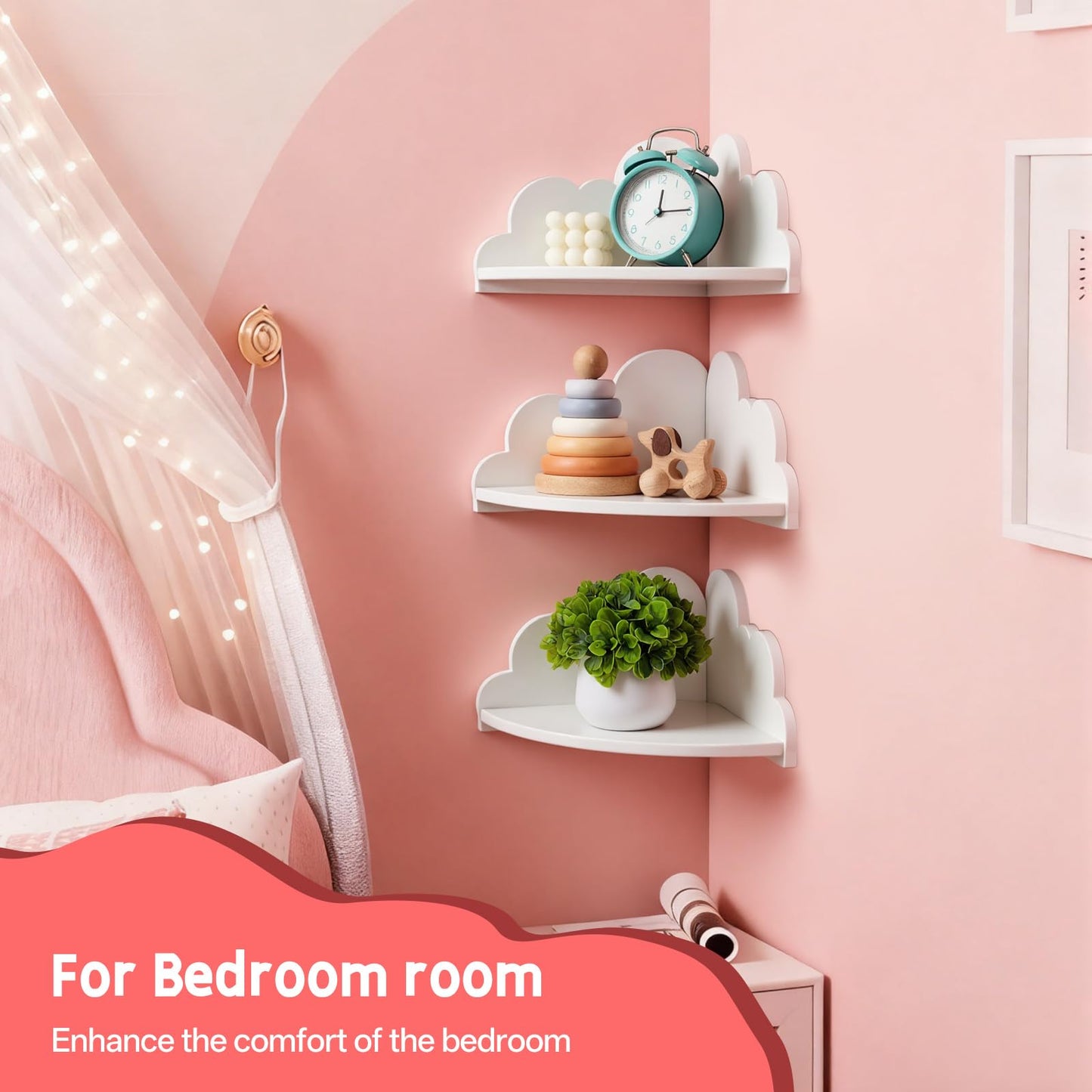 Conamily Cloud Corner Floating Shelves，Set of 3 White Corner Wall Shelf Floating Wooden Cute Wall Mounted Shelves Clouds Dispaly Shelf for Kid’s Room,Toys, Plants & Storage