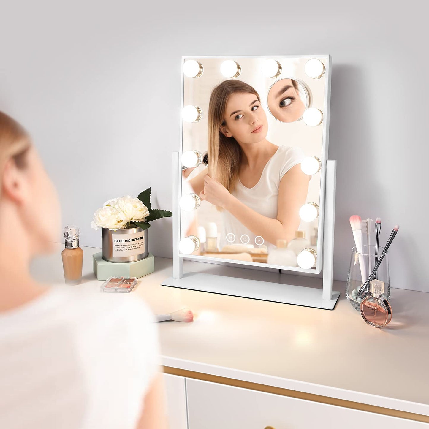 NUSVAN Vanity Makeup Mirror with Lights,3 Color Lighting Modes Detachable 10X Magnification Mirror Touch Control,360°Rotation, White (14.6Inch)