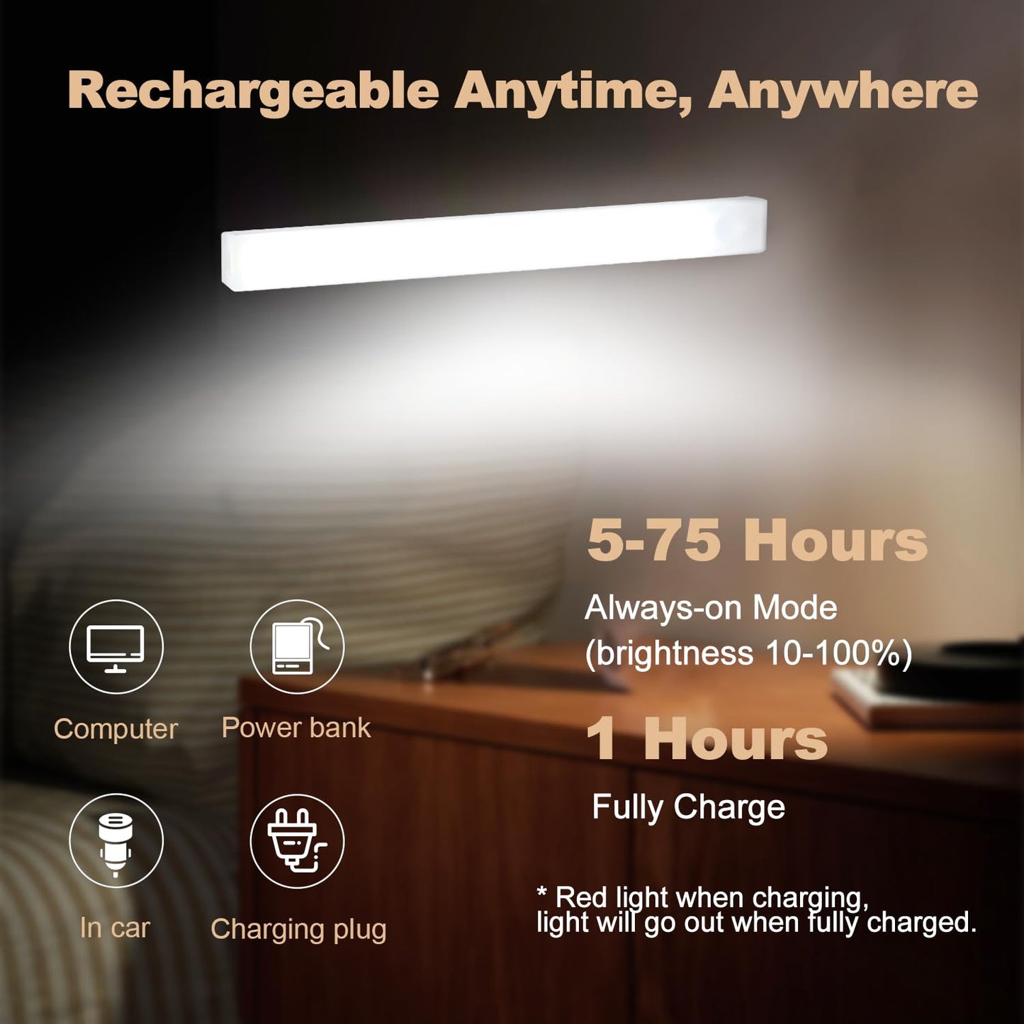 6 Pack Motion Sensor Under Cabinet Light, Magnetic Rechargeable 2 Color Under Counter Light, 8 Inch LED Closet Light for Stair Bedroom Cupboard