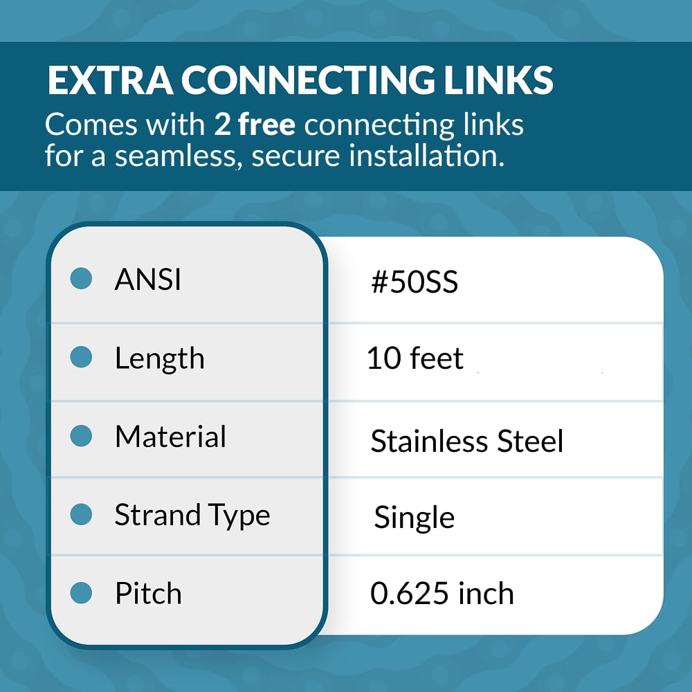 PGN #50 Stainless Steel Roller Chain - 10 Feet + 2 Free Connecting Links - #50SS - Stainless Steel Chain - 191 Links