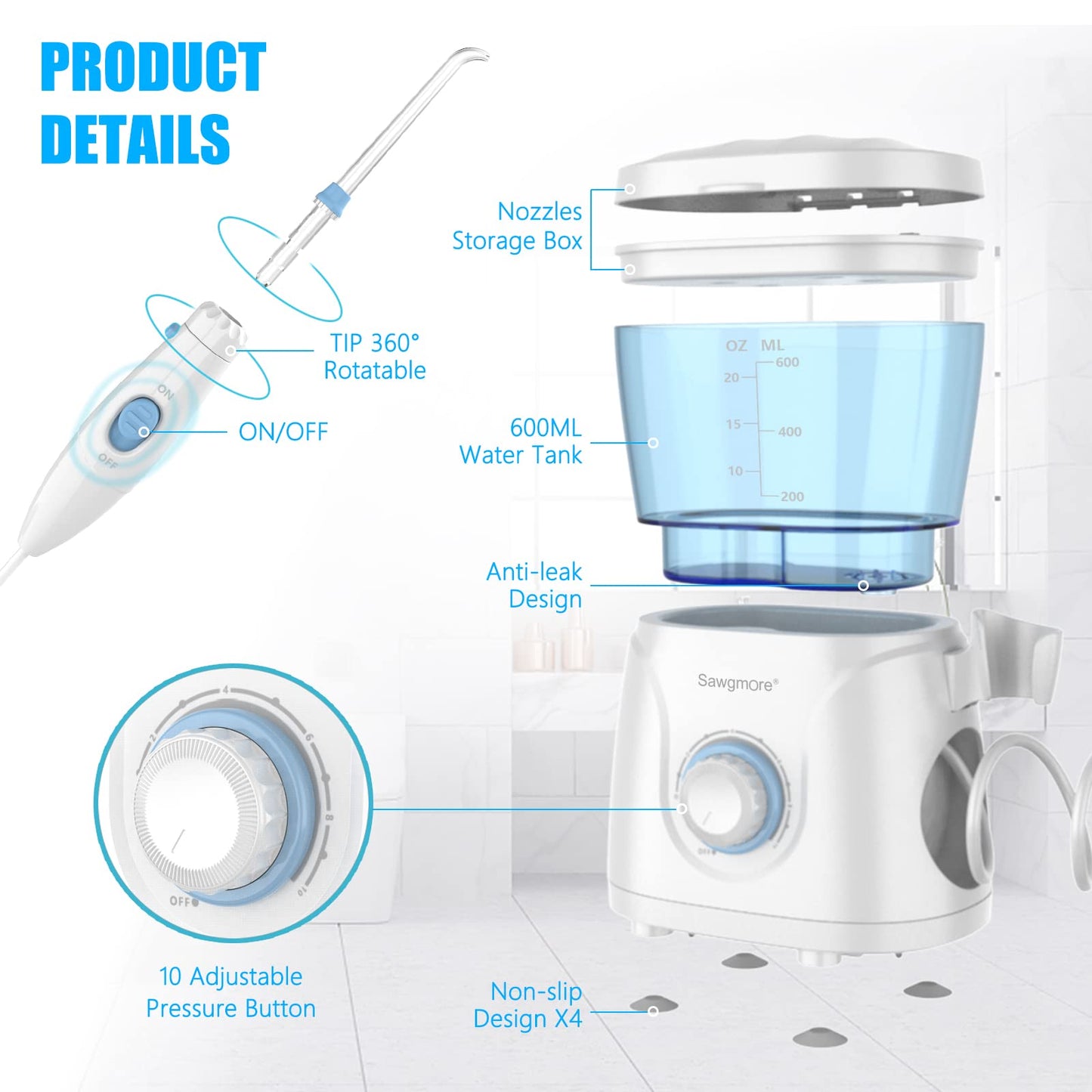 Sawgmore FC166 Water Flosser for Teeth/Braces, 600 ml Large Capacity, 10 Adjustable Pressures,8 Home Nozzles Professional Oral Irrigator for Teeth Clean(White)