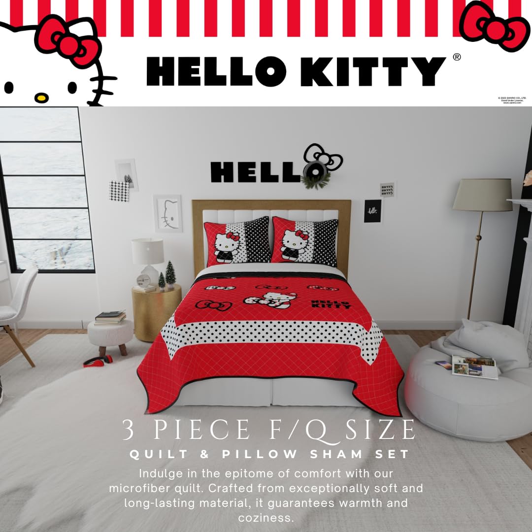 Franco Sanrio Hello Kitty Kids Bedding Super Soft Cozy 3 Piece Full/Queen Coverlet Quilt and Sham Set, (Officially Licensed Product)
