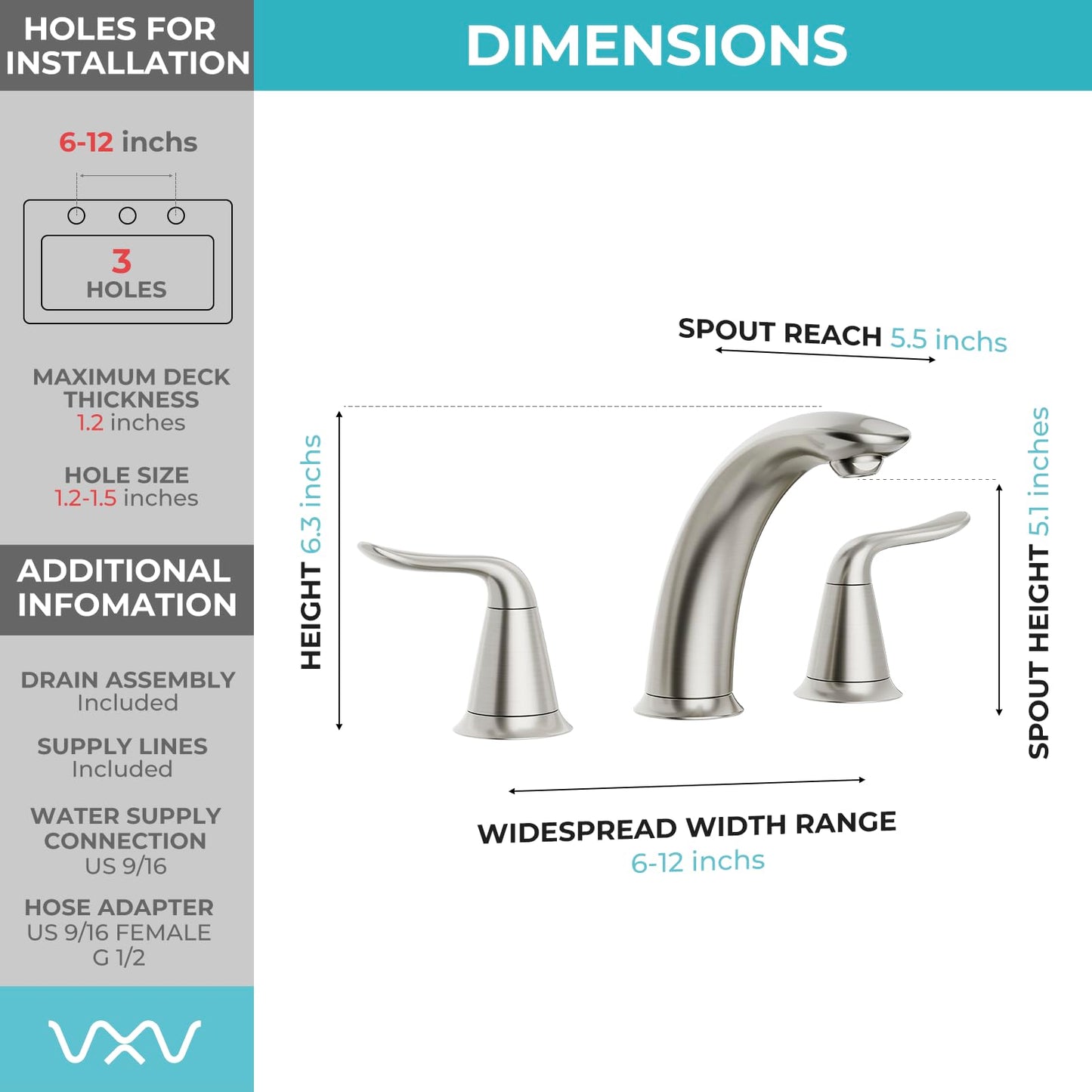 VXV Bathroom Faucet 3 Hole, 8 Inch Widespread Bathroom Sink Faucet for Lavatory Vanity with Pop-up Drain Brushed Nickel