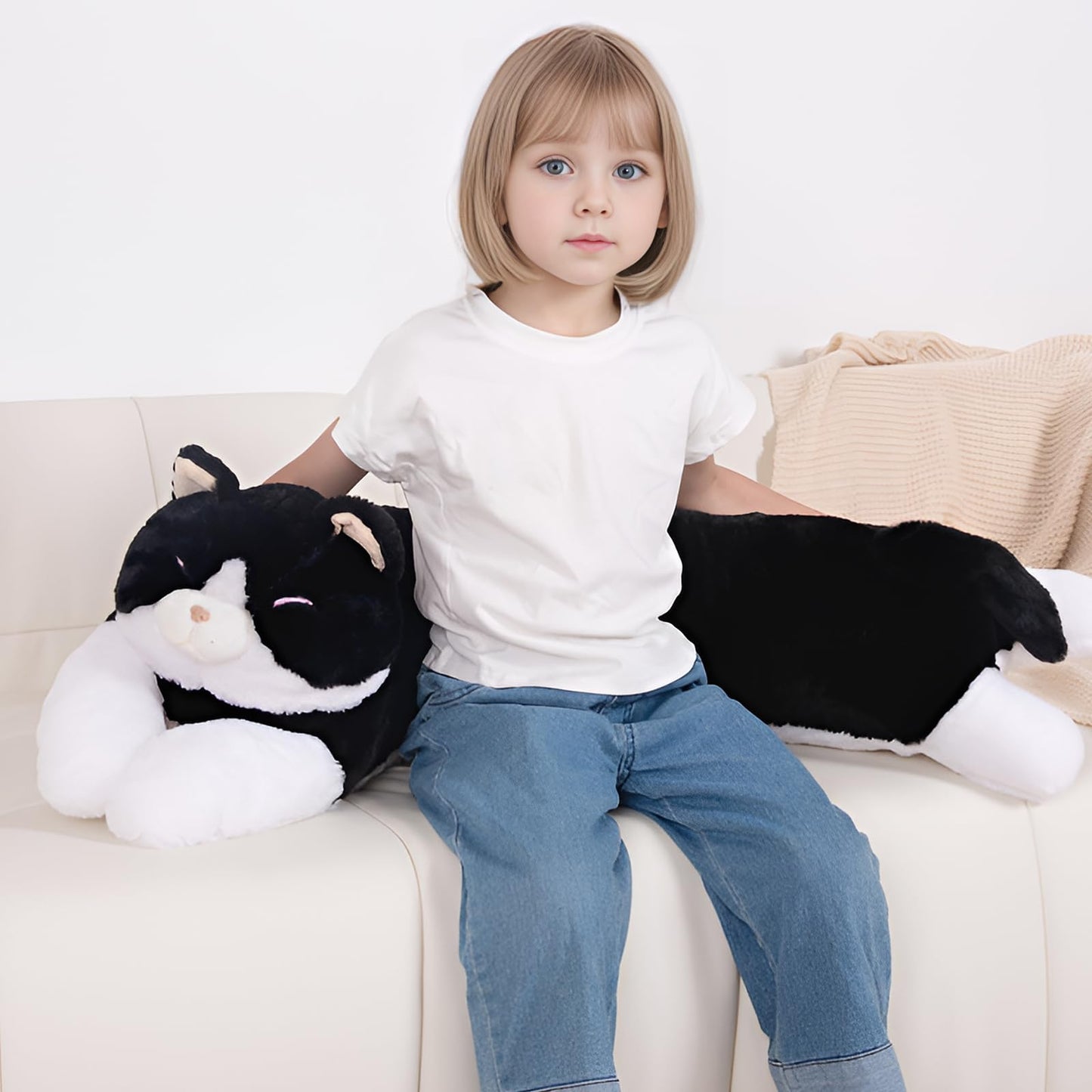 40'' Large Cat Sleeping Long Plush Pillow Toy, Milk Black White Kitty Soft Cat Stuffed Animals, Big Kitten Plushies Cute Doll Gift for Kids Girls Boys, Birthday