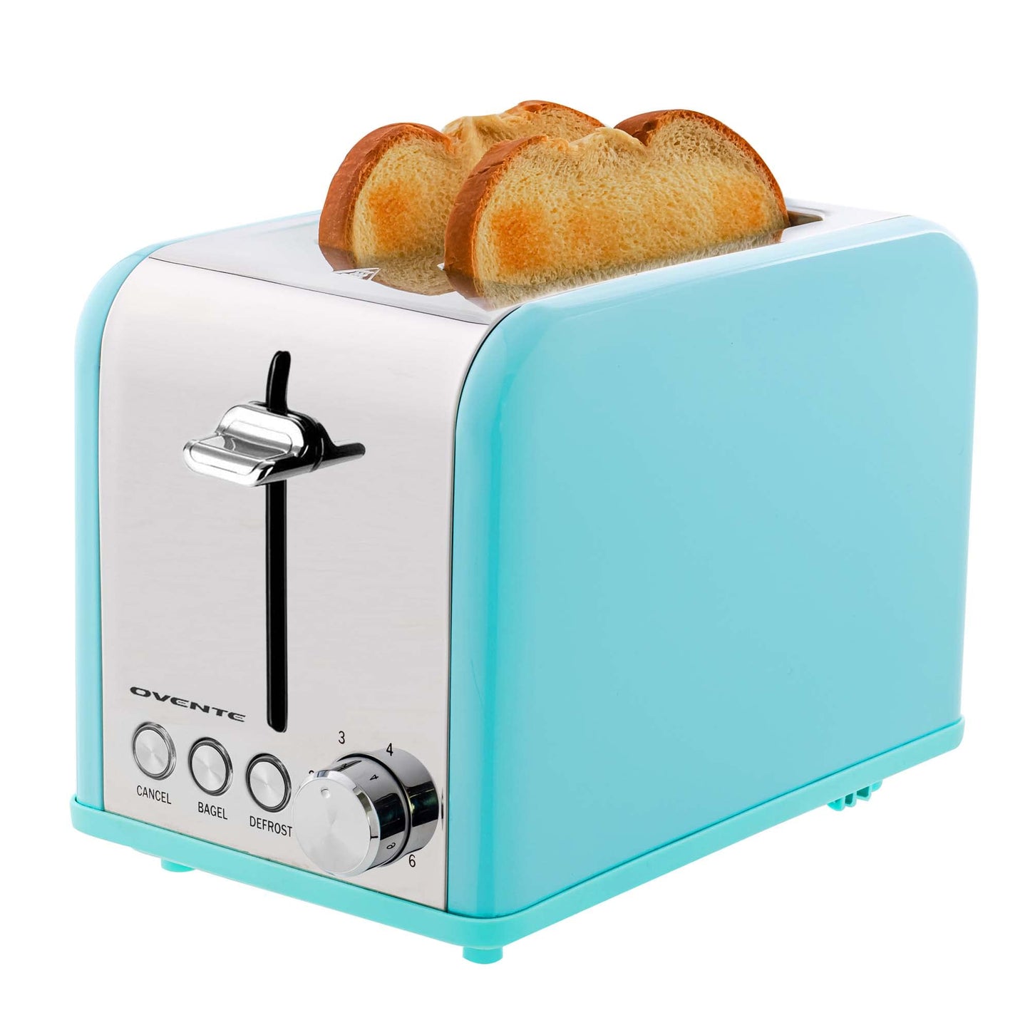 OVENTE 2-Slice Electric Toaster, 825W with 6 Browning Settings, Bagel, Defrost, Cancel Functions, Extra-Wide Slots, Stainless Steel Retro Countertop Toaster, Turquoise TS2450T