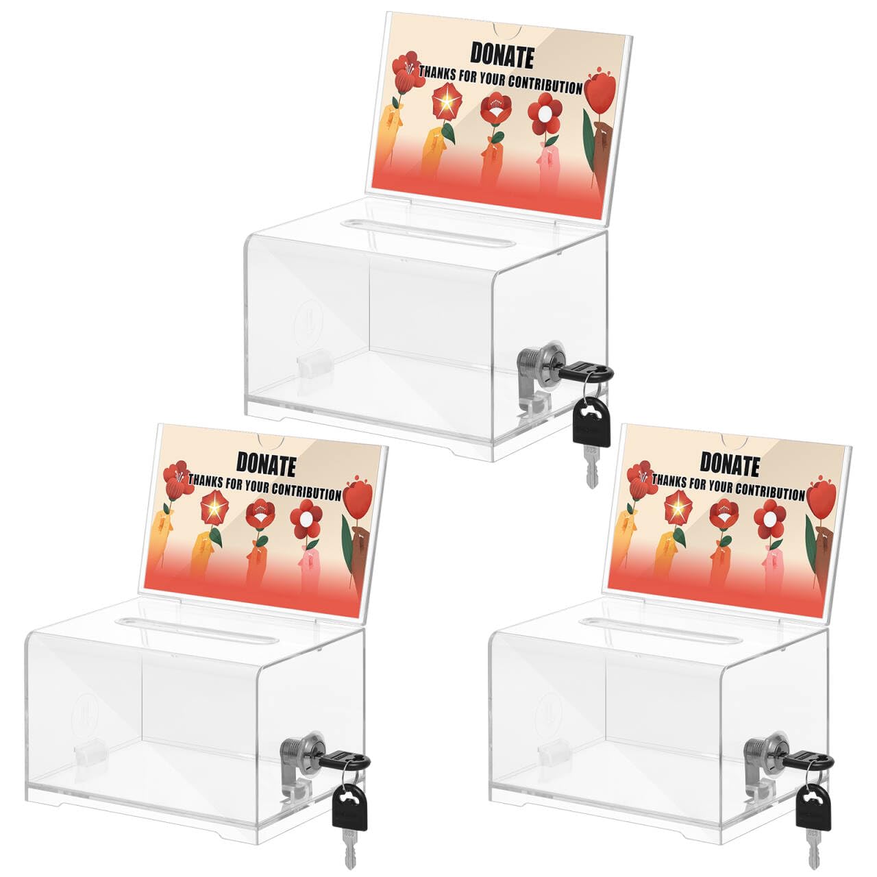 KYODOLED Clear Donation Box for Fundraising, Suggestion Box with Lock and Key, Raffle Box for Tickets with Sign Holder, Tip Jar for Event and Organization, 6.1"x4.3"x3.8", 3PACK(Sign Card Not Contain)