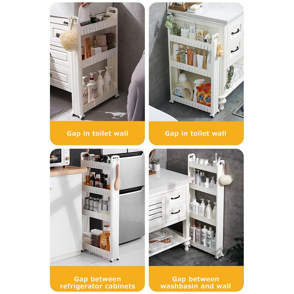 3.54 Slim Storage Cart Durable Bathroom Organizer Slide Out Storage Cart Rolling Utility Cart Slide Out Organizer Narrow Shelf Rack for Kitchen Bathroom Study Office