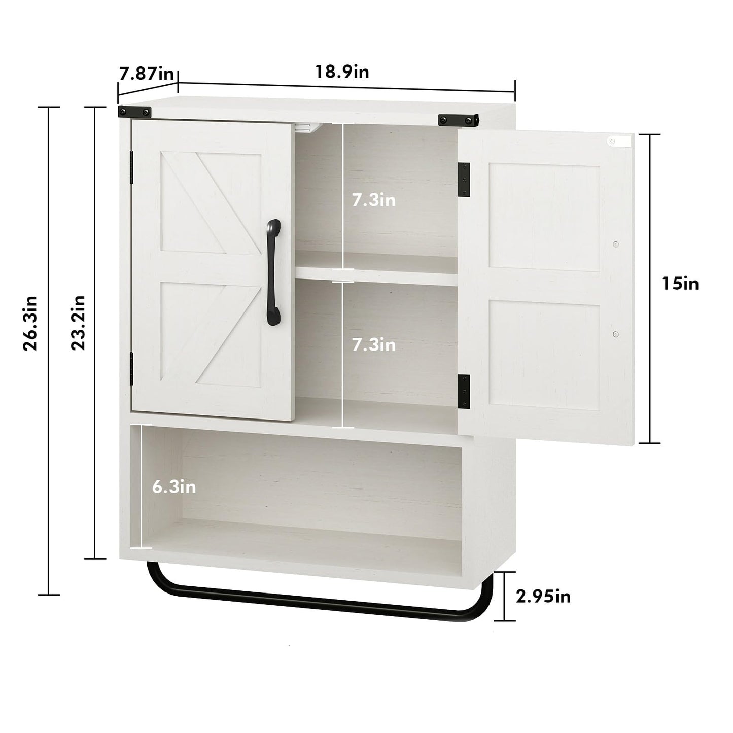 RUSTOWN Farmhouse Wall Storage Cabinet with Two Barn Door, Rustic Mounted Medicine Cabinet with Adjustable Shelf and Towel Bar, 3-Tier Wood Cabinet for Kitchen, Bathroom, Living Room (Washed Oak)