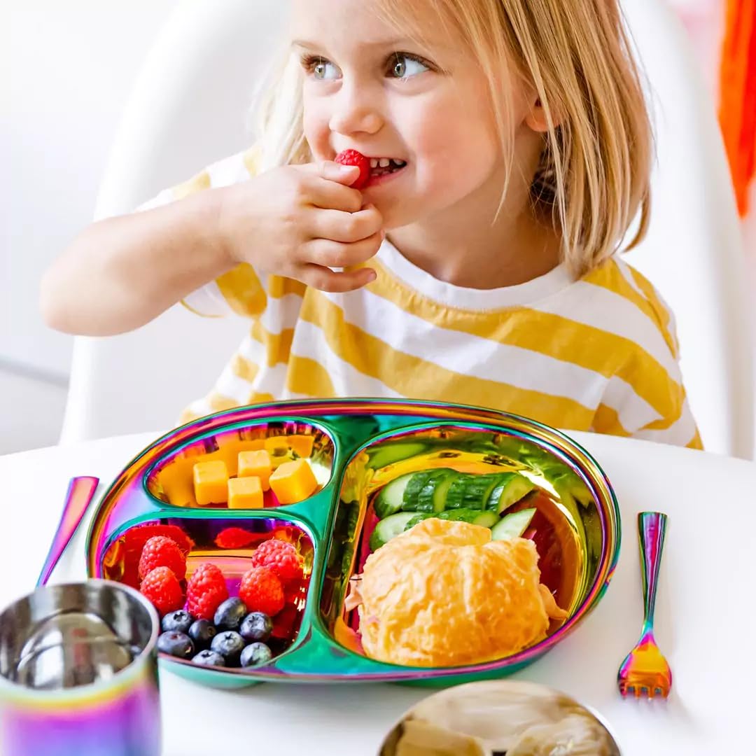 Ahimsa Stainless Steel Kids Dinnerware Set - 5 Piece Stainless Steel Toddler Plates and Bowls Set, Pediatrician Designed, Non Toxic Toddler Plate and Bowl, Kids Utensils and Cup (Rainbow)