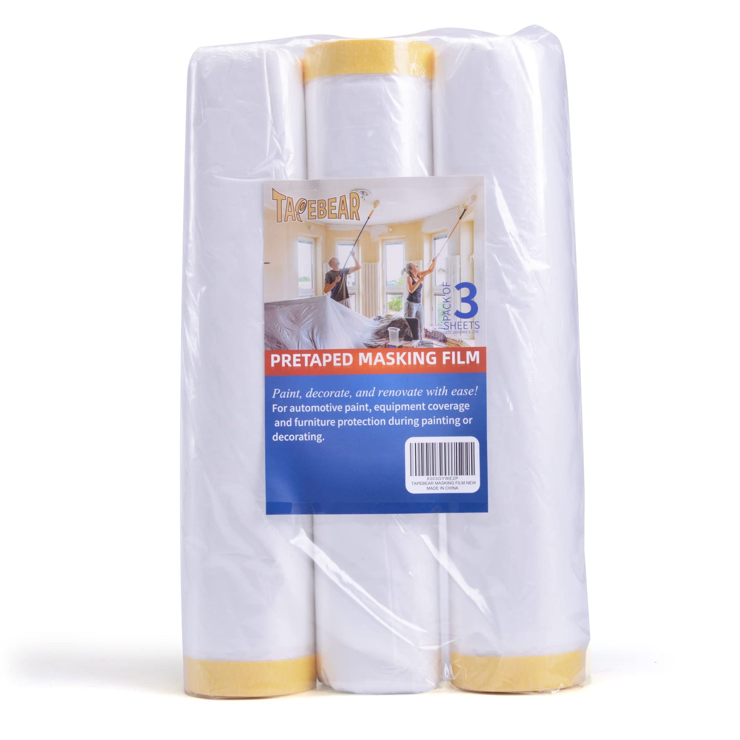 TAPEBEAR Pre-Taped Masking Film, Tape and Drape, Plastic Sheeting Roll, Automotive Painters Masking Tape Film, Plastic Sheeting Cover for Appliance and Furniture, 9feet X 90feet, 2600mmx 27m,3Rolls
