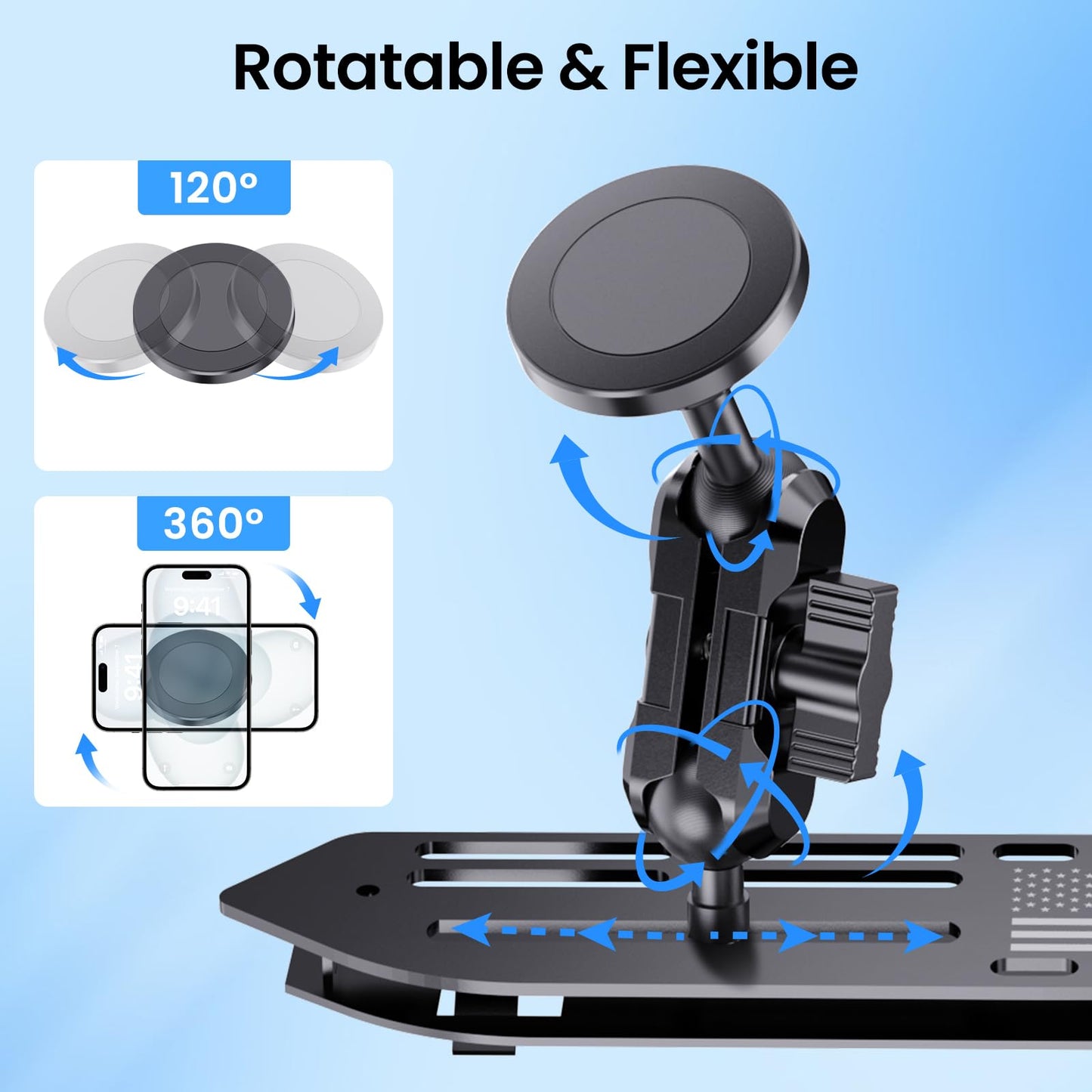 SwiftGaze Stainless Steel Phone Mount for 2018-2023 Wrangler JL (NOT 4xe)&2020-2023 Gladiator Magnetic&Clamp Dual Heads All-Metal Shakeproof Original America Flag Design OEM Screws Dash Mount Install