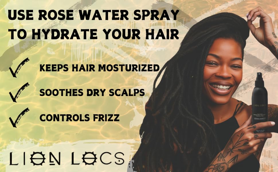 Lion Locs Rosewater Spray for Dreads, Dreadlocks, Braids, Faux Locs, Crochet Locs, Sisterlocks with Aloe, Essential Oils, Vitamins, and Glycerin | Organic Vegan Conditioner Rose Water Spritz (8 oz.)