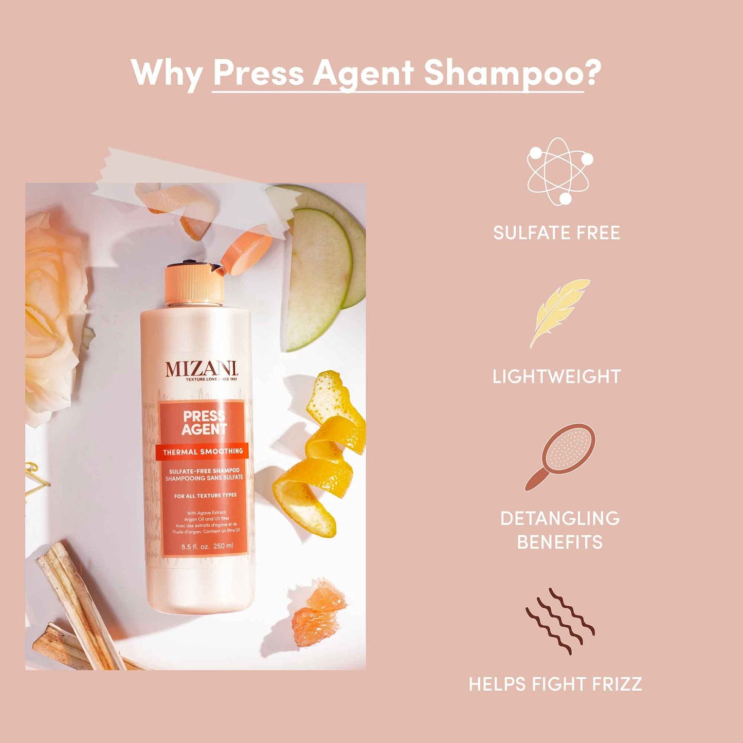Mizani Press Agent Thermal Smoothing Sulfate-Free Shampoo, Pink Grapefruit, juciy Mandarin with a floral medley of Jasmine, Rose & Freesia, ending on notes of Musk & Wood., 33.799999999999997 fl. oz