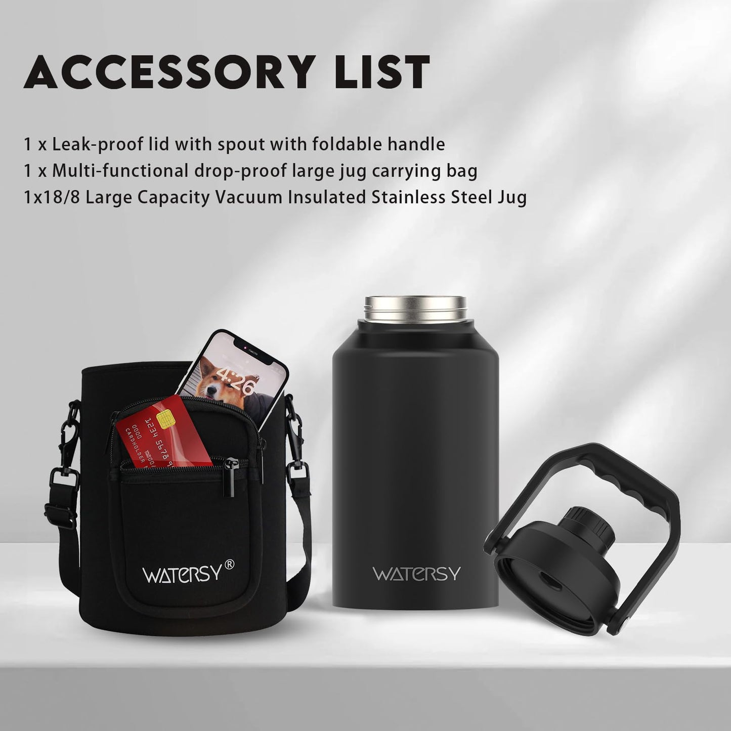 WATERSY 1.5 Gallon Water Bottle Insulated(Cold for 48 Hrs),BPA Free&Leak Proof,196oz Stainless Steel Water Jug,Big thermos,Large Water Bottle with Handle for Gym,Hiking,Camping&Travel,Black