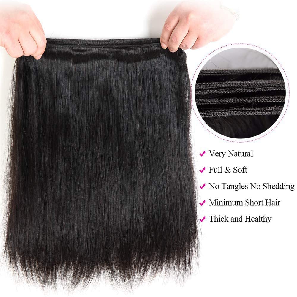 Straight Bundles Human Hair 16 16 16 Inch Brazilian Straight Hair Bundles 100% Unprocessed Virgin Hair Weave Bundles Human Hair Extension for Women Trippy Hair Bundles Human Hair Natural Color