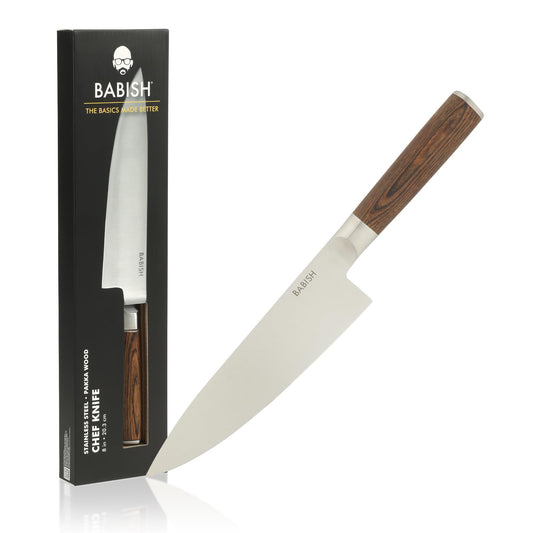 Babish 8-Inch Chef Knife – High-Carbon 1.4116 German Steel Kitchen Knife with Dark Pakka Wood Handle, Full-Tang Razor Sharp Chef’s Blade for Chopping, Slicing, Dicing & Everyday Prep