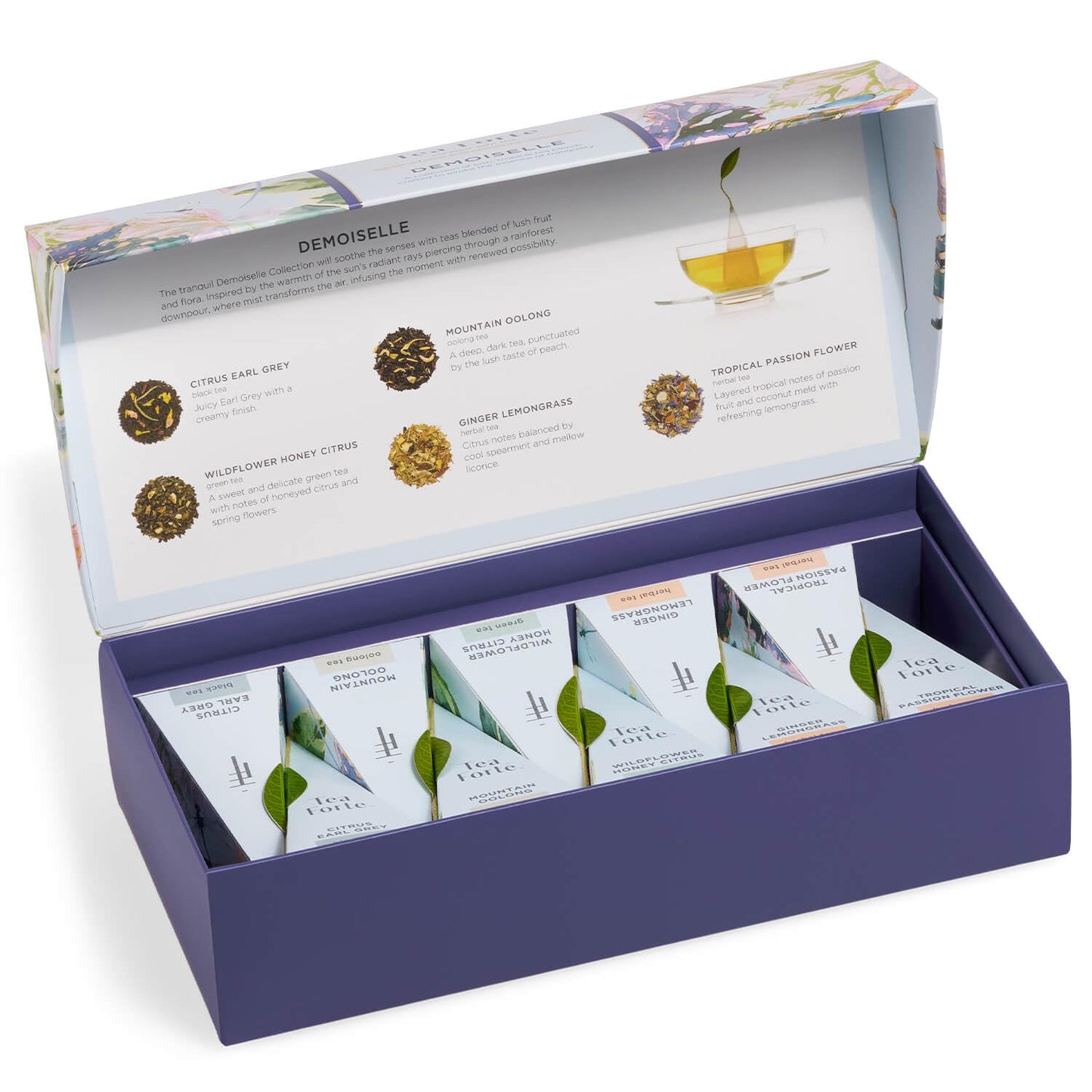 Tea Forte Premium Petite Presentation Box Gift Set Sampler, 10 Count, 2 of Each Blend Individually Wrapped Handcrafted Pyramid Infuser Bags, Demoiselle Tea