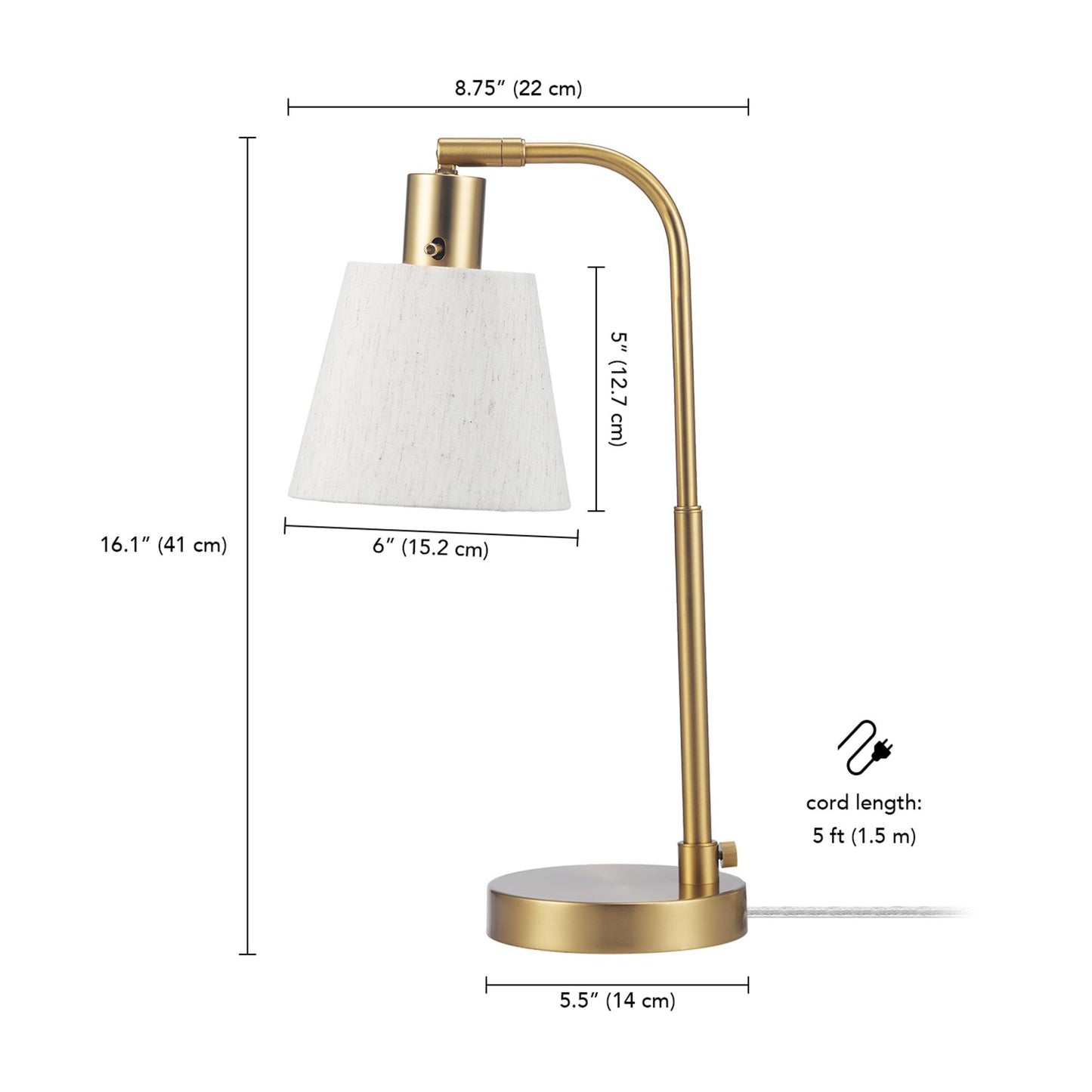 Globe Electric 61000057 16" Desk Lamp, Matte Brass Finish, White Shade, Adjustable Pivot Joint, Rotary Switch on Socket, Modern Lighting for Bedroom or Office, Indoor Lights, E26 Base