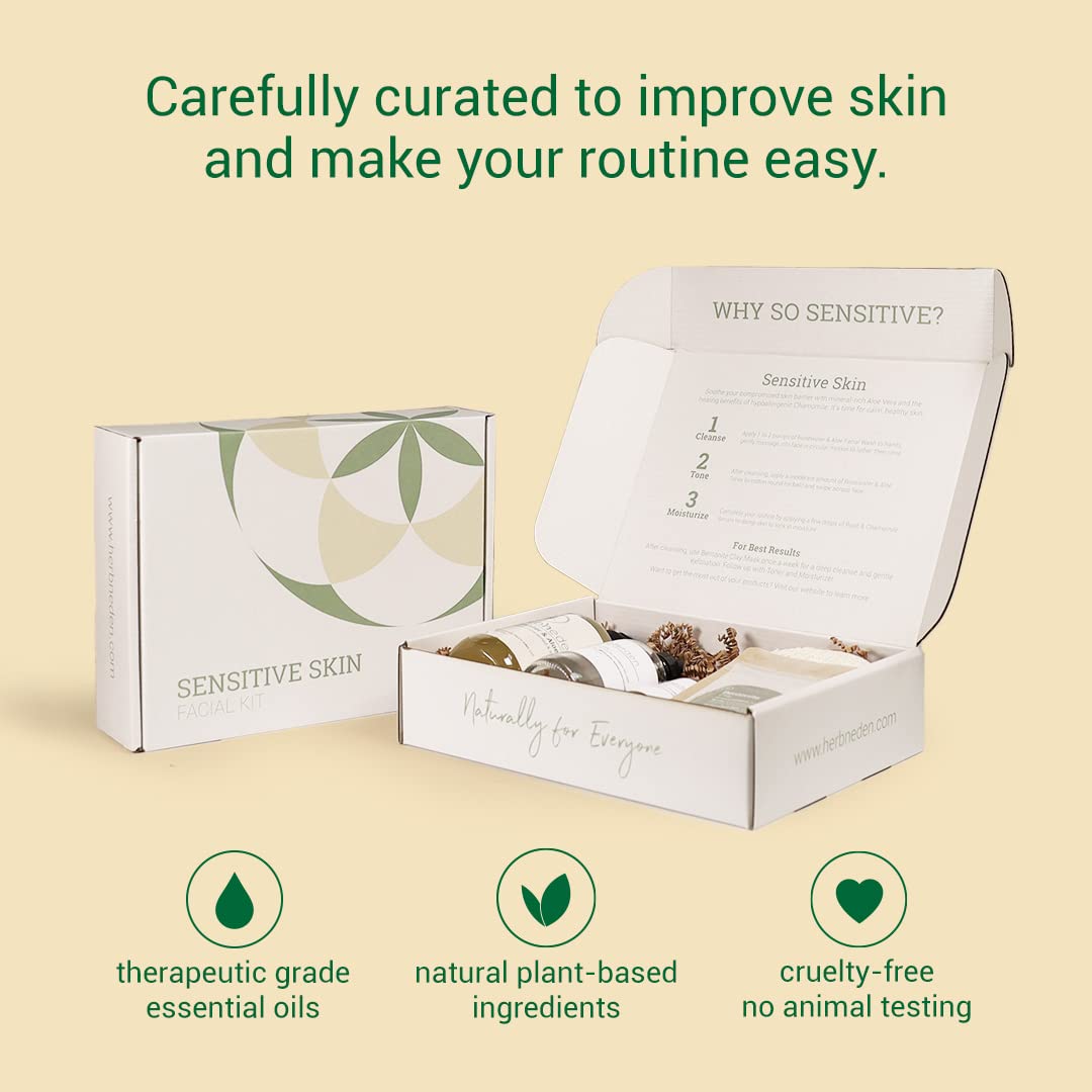 Herb’N Eden - Sensitive Skin Facial Kit - Cleanse, Mask, Tone, & Moisturize - Natural Ingredients & Essential Oils - Made in USA - 5 Product Set includes Wash, Toner, Serum, Mask, Sisal