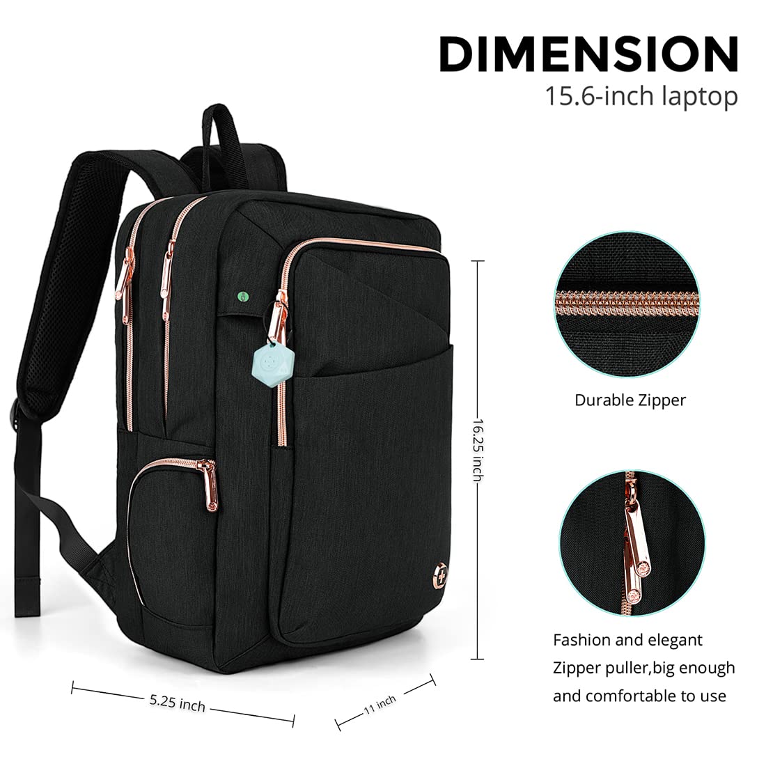Swissdigital Design Katy Rose Backpack For Women Black with Rose Gold-Tone Zippers College Travel Laptop Backpack With Apple Find My network (KATY ROSE SD1006FB0-01) One Nation One World