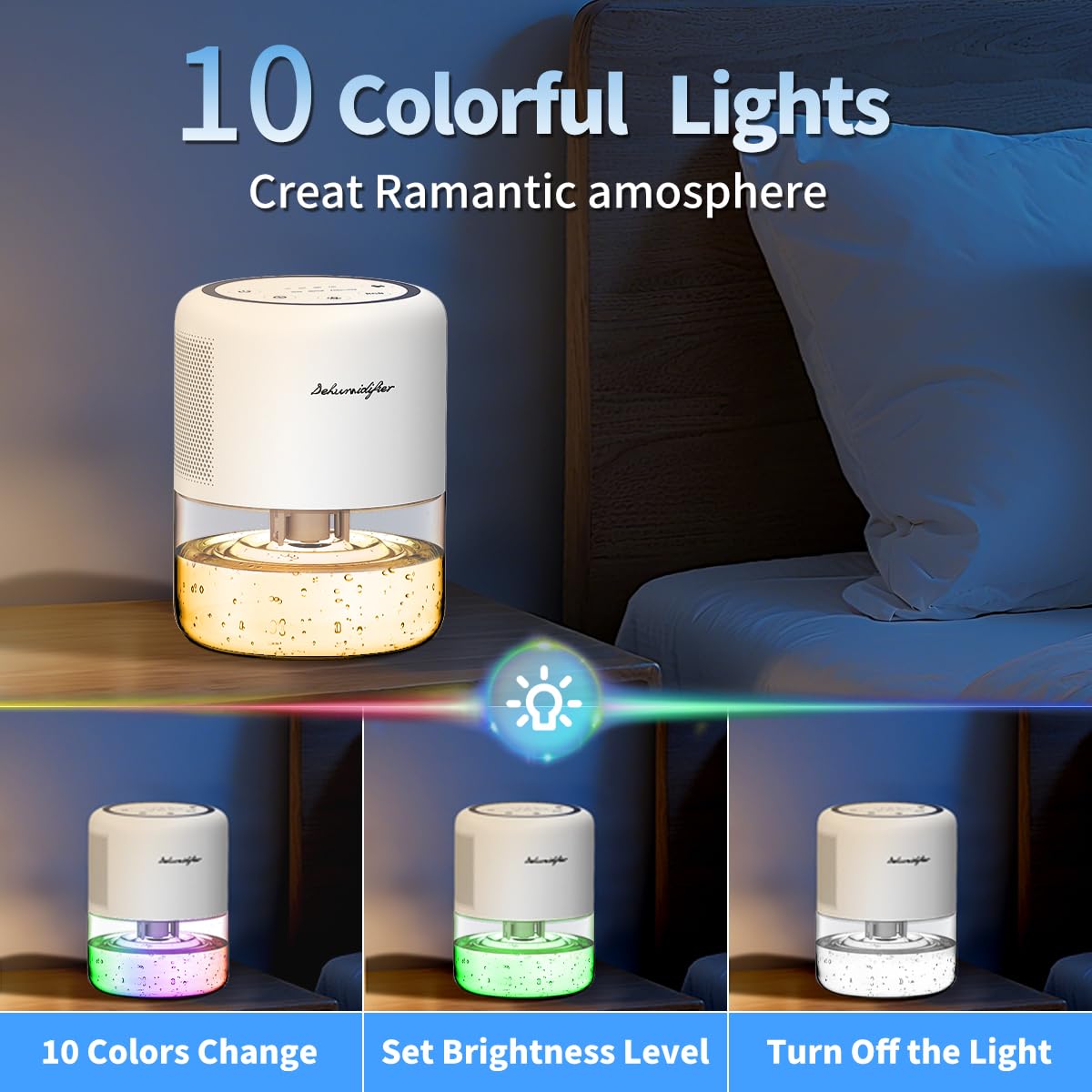 Windangel 44oz(1.3L) Small Dehumidifier for Home Auto-Off Quiet Portable Dehumidifier with 3 Modes 10 Color Lights 4 Timer Settings for Bedroom Bathroom Closet (215 sq.ft)