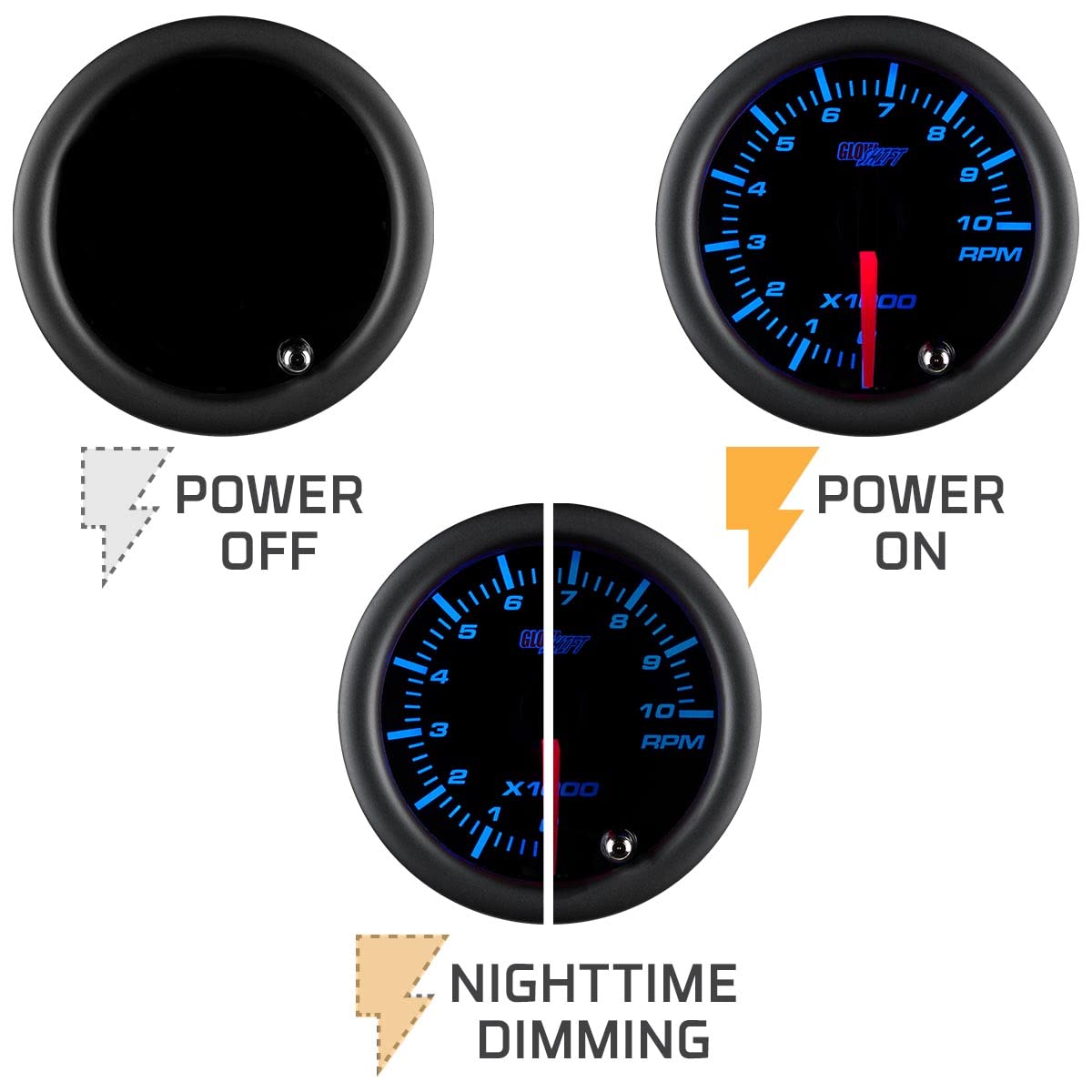 GlowShift Tinted 7 Color 10,000 RPM Tachometer Tach Gauge - for 1-10 Cylinder Gas Powered Vehicle Engines - Includes Wiring - Multi-Color Display - Black Dial - Smoked Lens - 2-1/16" 52mm