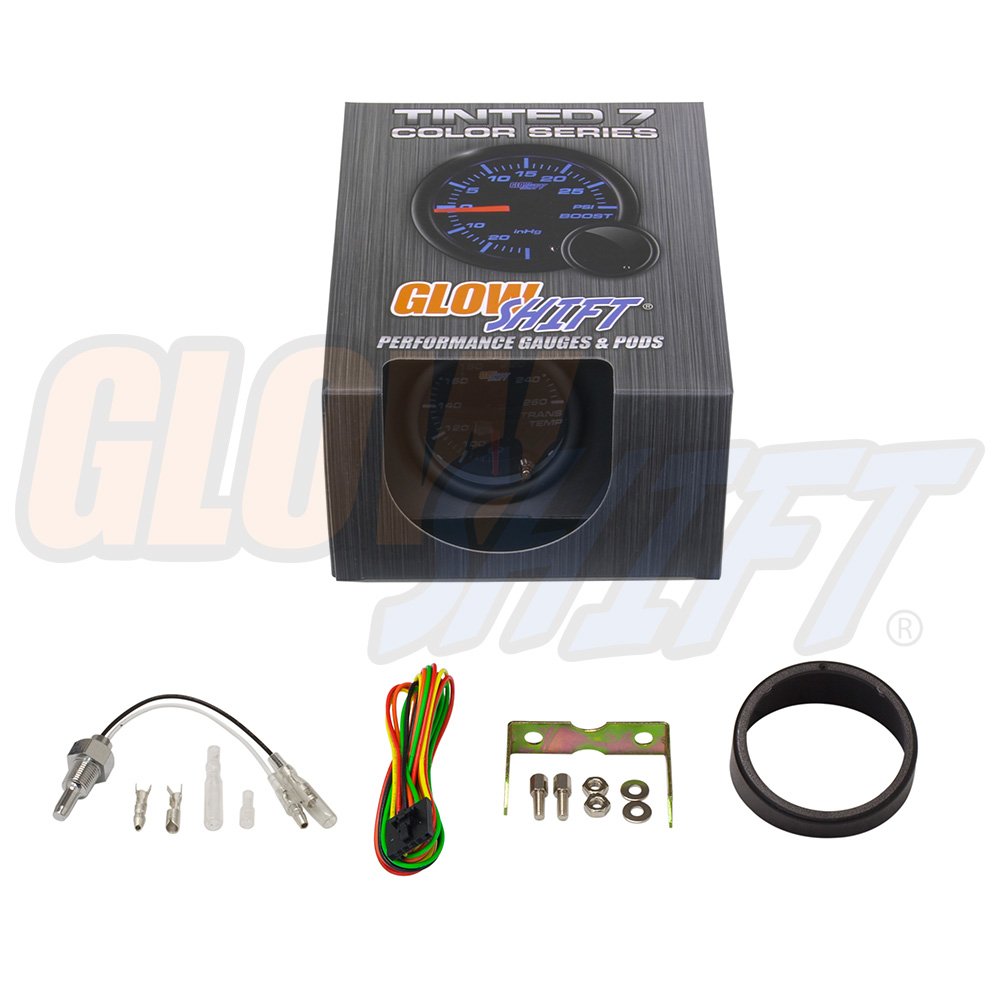 GlowShift Tinted 7 Color 260F Automatic Transmission Temp Gauge Kit - Includes 1/8-27 NPT Electronic Sensor & Wiring - Multi-Color Display - Black Dial - Smoked Lens - for Car & Truck - 2-1/16" 52mm