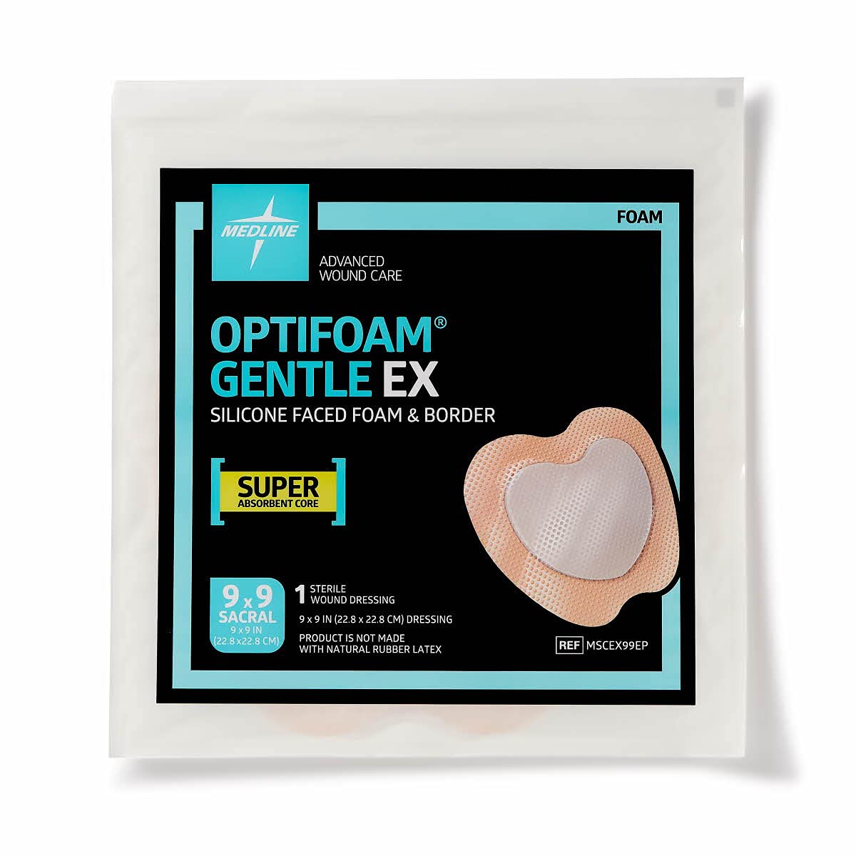 Medline Optifoam Gentle EX Bordered Foam Adhesive Dressing, 9" x 9" Sacral (5 Count)