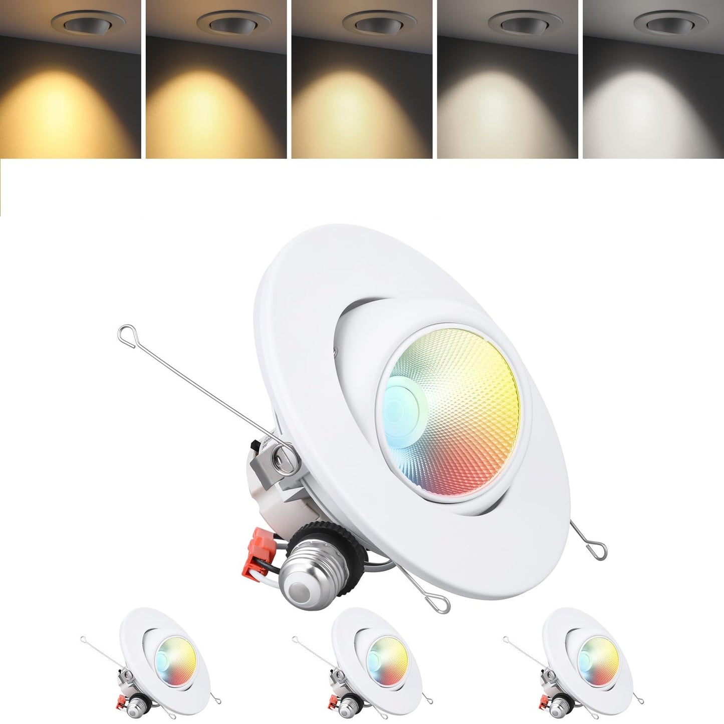 TORCHSTAR 6 Inch 5CCT LED Gimbal Retrofit Recessed Light Dimmable, 2700K/3000K/3500K/4000K/5000K, 12W CRI90 Directional Eyeball Can Light, Swivel Adjustable Spotlight Downlight ETL, Pack of 4