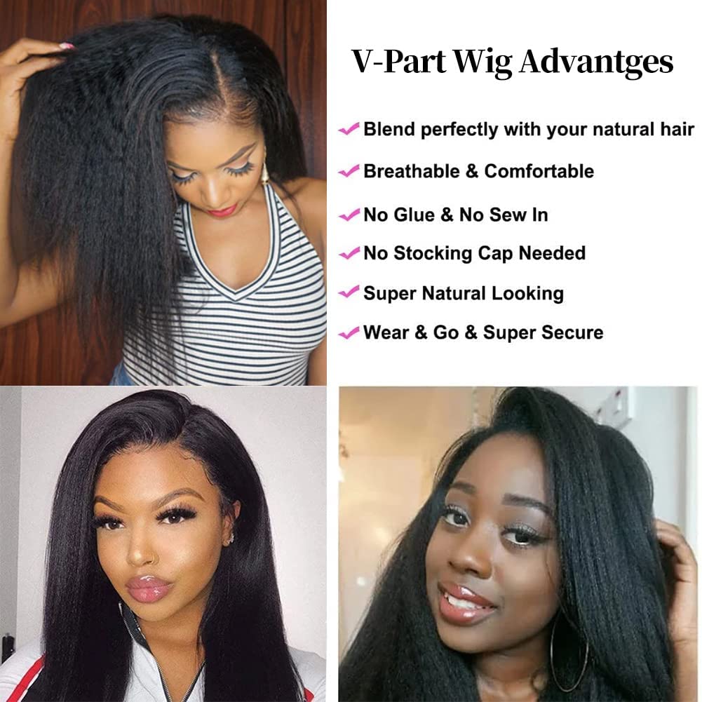 LOVFIR V Part Wig Human Hair Kinky Straight 180% Density No Leave Out V Part Wigs Upgrade U Part Human Hair Wig Yaki Straight V Part Wigs For Black Women Human Hair V Shape Wig 16 Inch