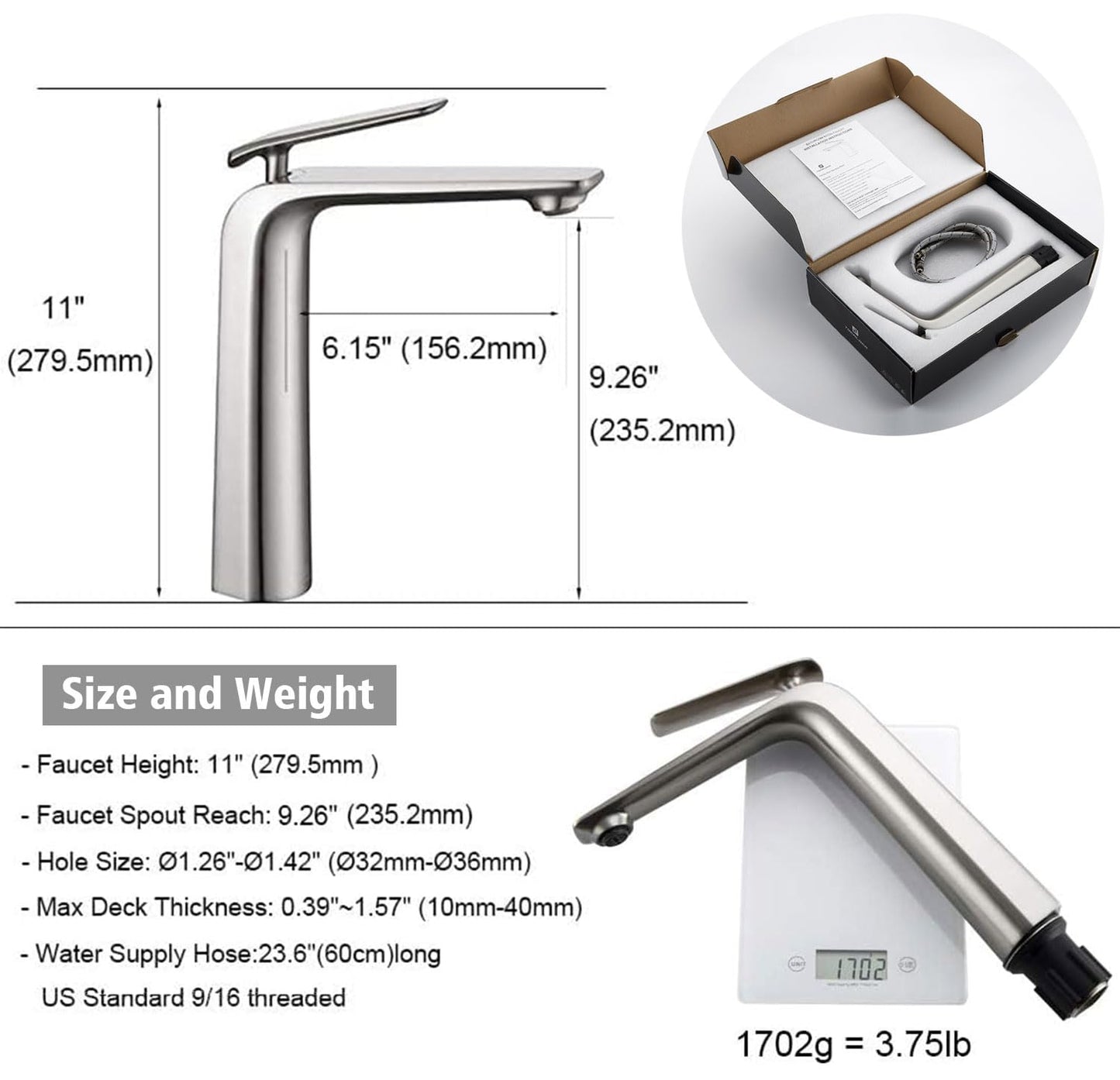 TOCALOCA Tall Vessel Sink Faucet, Premium Brass Mixer Tap Brushed Nickel Single Handle Vanity Faucet 1 Hole, Modern Commercial Anti-Fingerprints