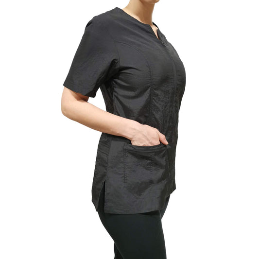CHARLENE Haley Short Sleeves Jacket | High Fashion Hair Stylist Nylon Uniform | Water-Repellant Breathable Nylon | Machine Wash | Zipper Closure (BLACK, S)