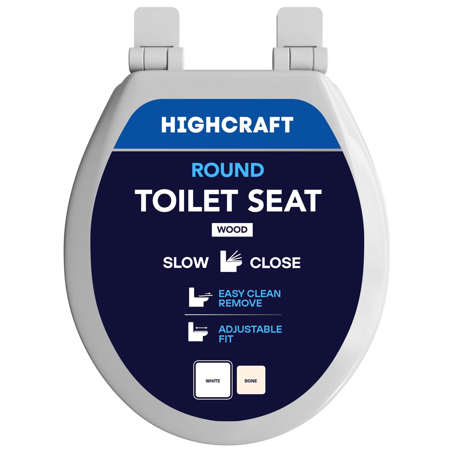 HIGHCRAFT Premium Round Toilet Seat with Slow-Close Design, Adjustable Hinges & Quick Removal Mechanism - Molded Wood Toilet Seat - Fits Standard Round Toilets - Toilet Seat in White